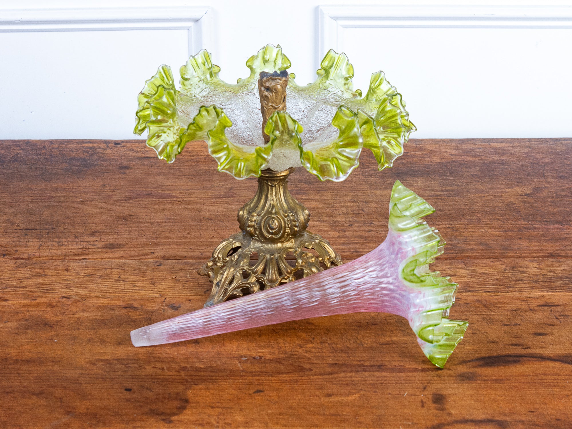 Antique Ruffled Epergne Green & Pink Crackled Art Glass with Ornate Bronze Base