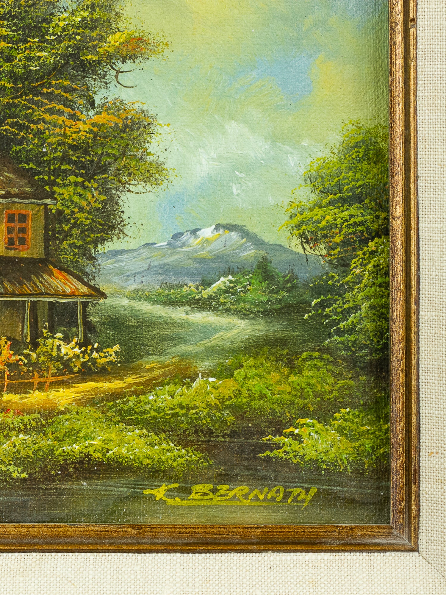 Vintage Gallery Framed Original Oil On Canvas Painting, Old Country Cabin Scene Artist Signed K. Bernath