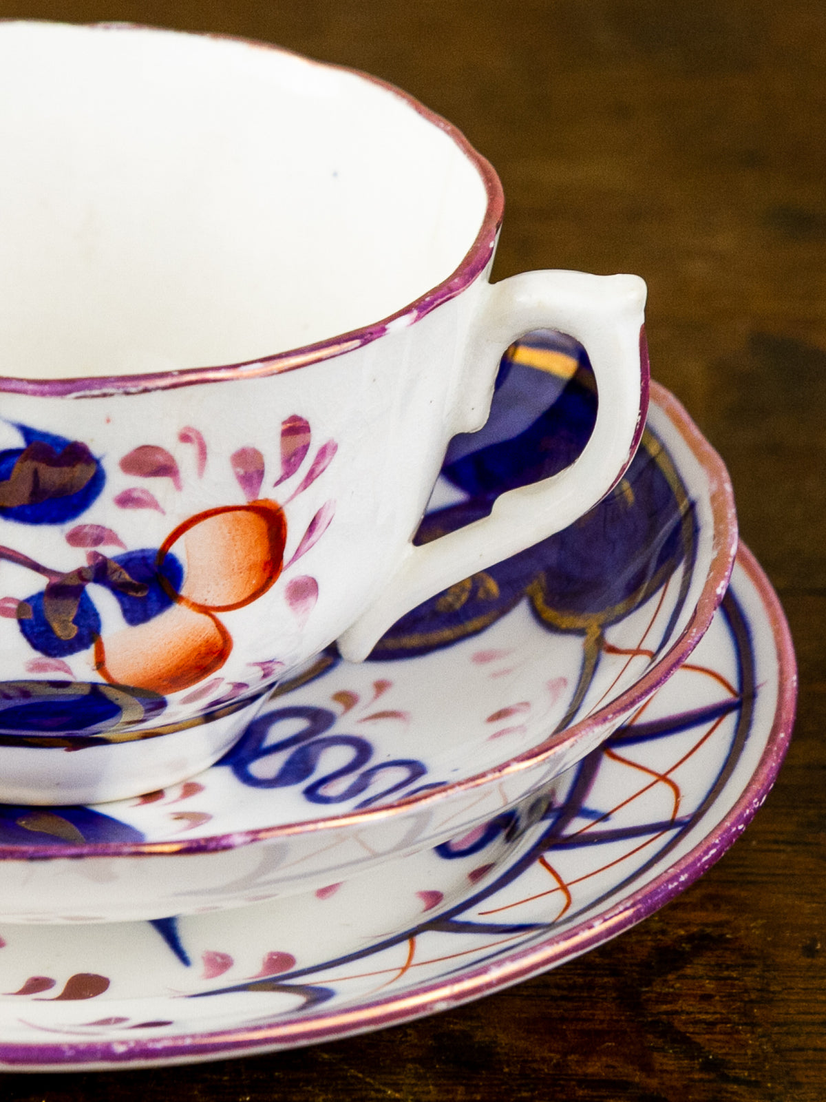 Antique Gaudy Welsh Tea Cup, Saucer & Side Plate Trio 19th C. British.