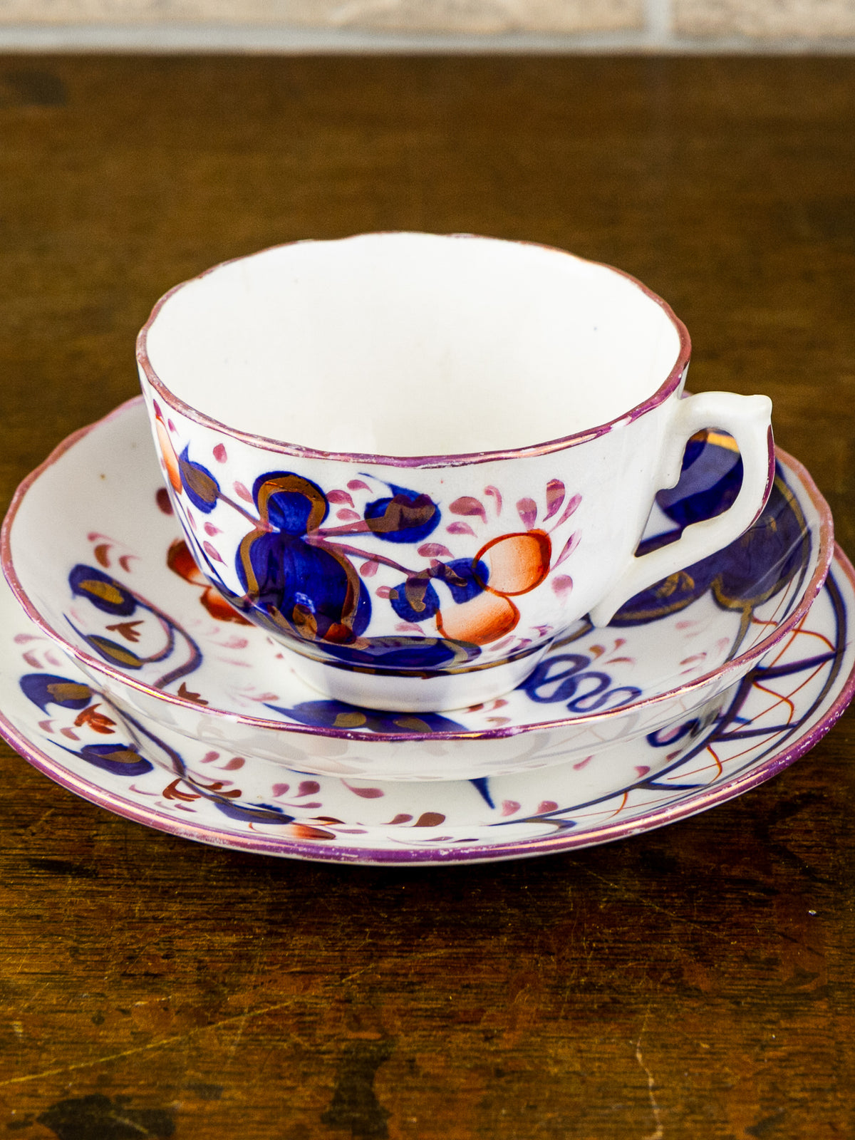 Antique Gaudy Welsh Tea Cup, Saucer & Side Plate Trio 19th C. British.