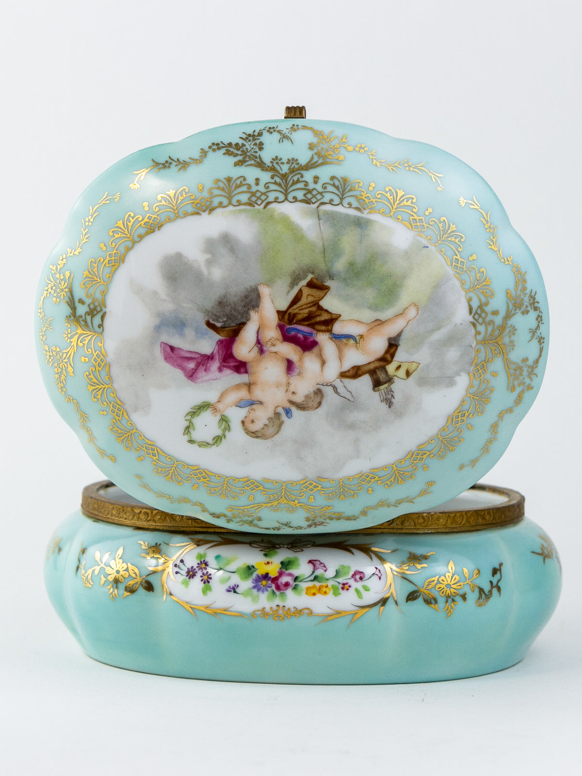 Antique German Hand-Painted Porcelain Cherub Powder Box