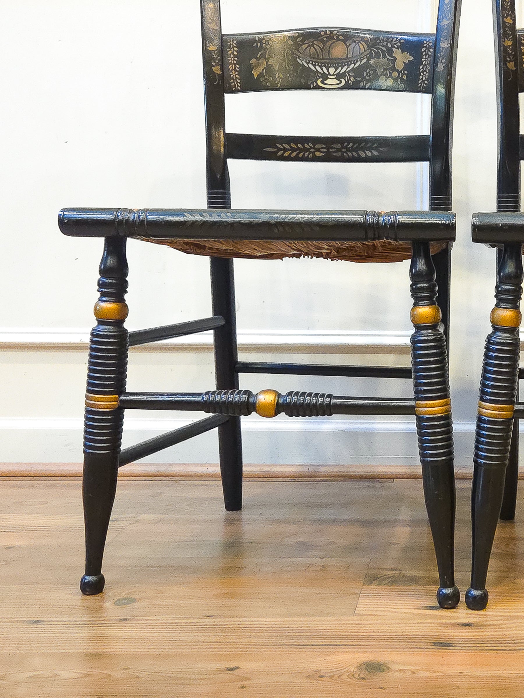 Pair of Vintage Hitchcock Black Painted Stenciled Side Chairs with Rush Woven Seats