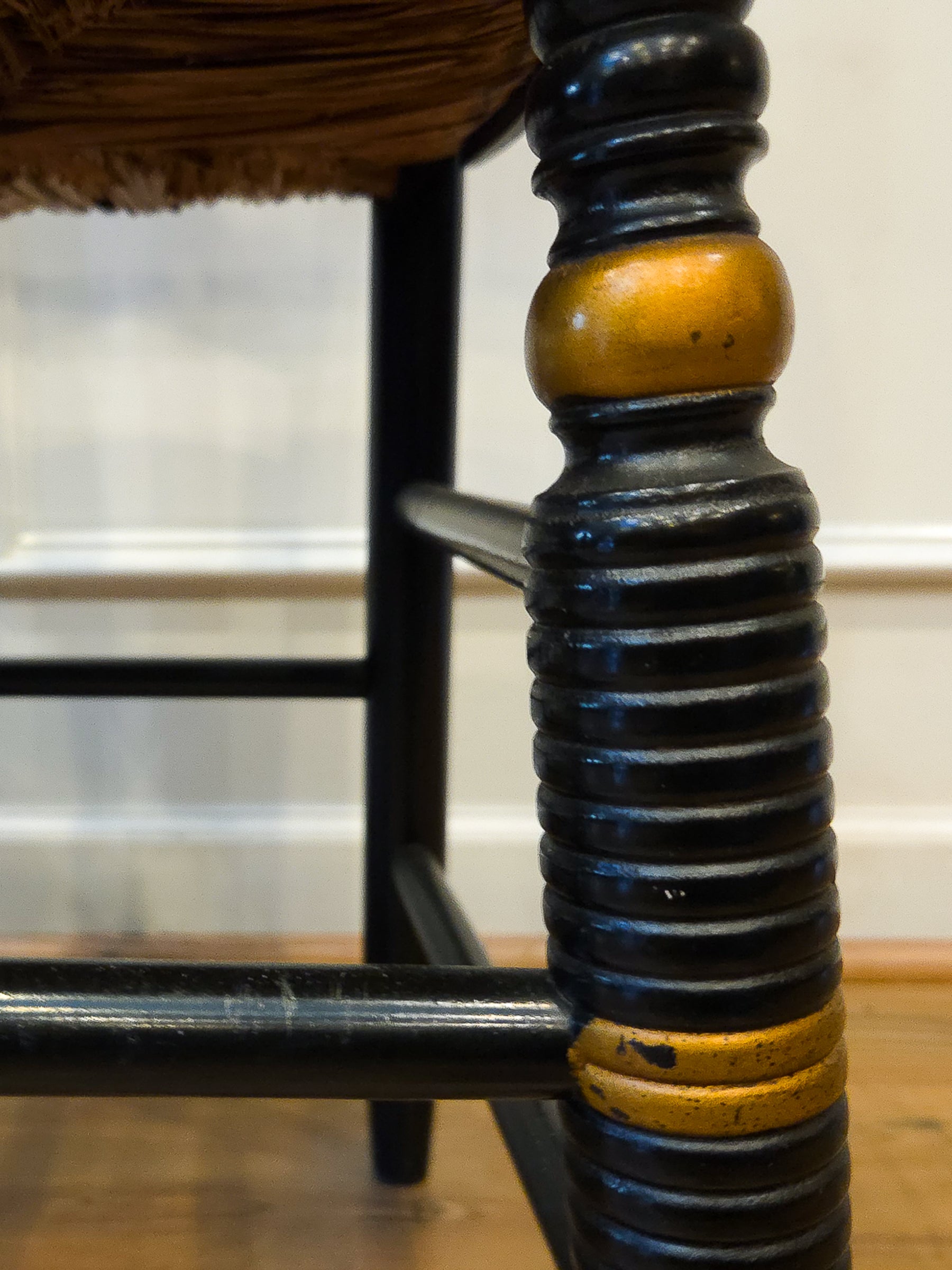 Pair of Vintage Hitchcock Black Painted Stenciled Side Chairs with Rush Woven Seats