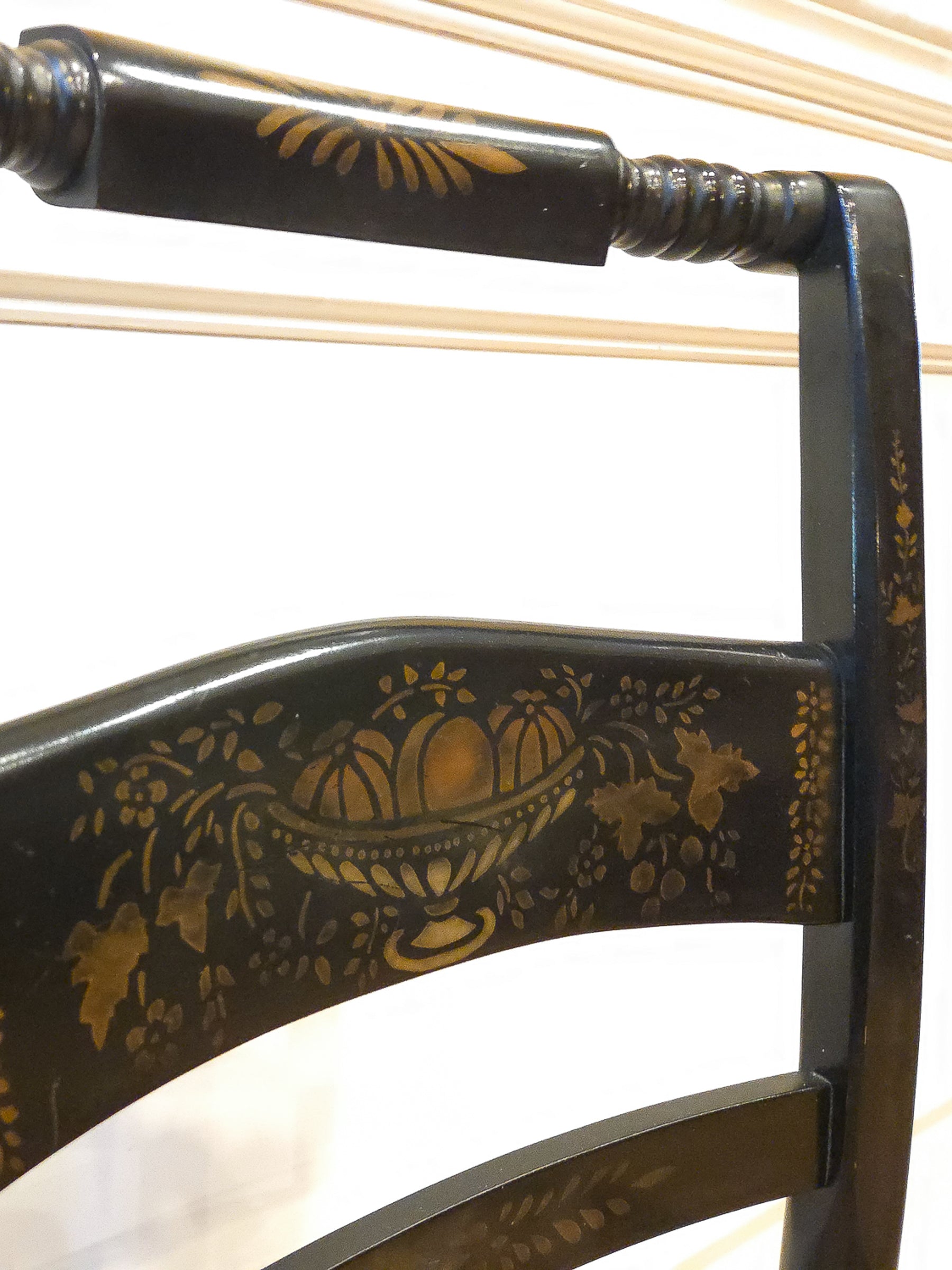 Pair of Vintage Hitchcock Black Painted Stenciled Side Chairs with Rush Woven Seats