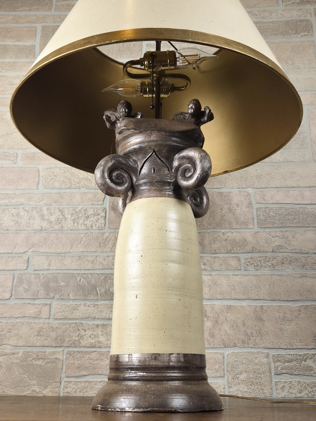 Vintage Burts Cason Hollywood Regency Table Lamp with Cherubs & Original Shade