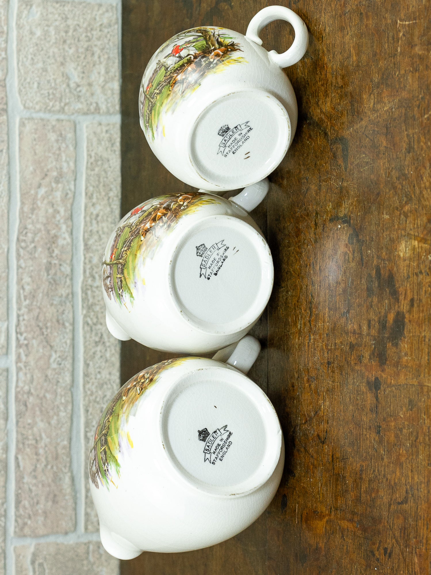 Vintage English Sadler Staffordshire Pottery Hunt Scene Porcelain Graduating Jugs, Set of 3