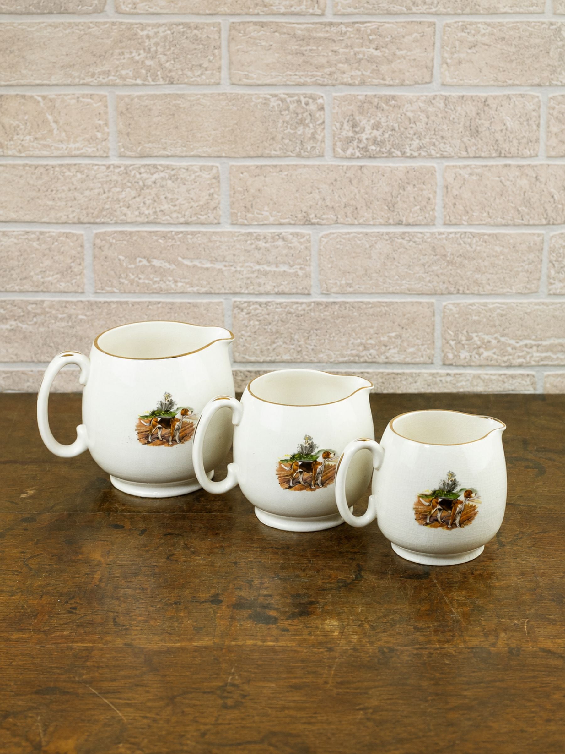 Vintage English Sadler Staffordshire Pottery Hunt Scene Porcelain Graduating Jugs, Set of 3
