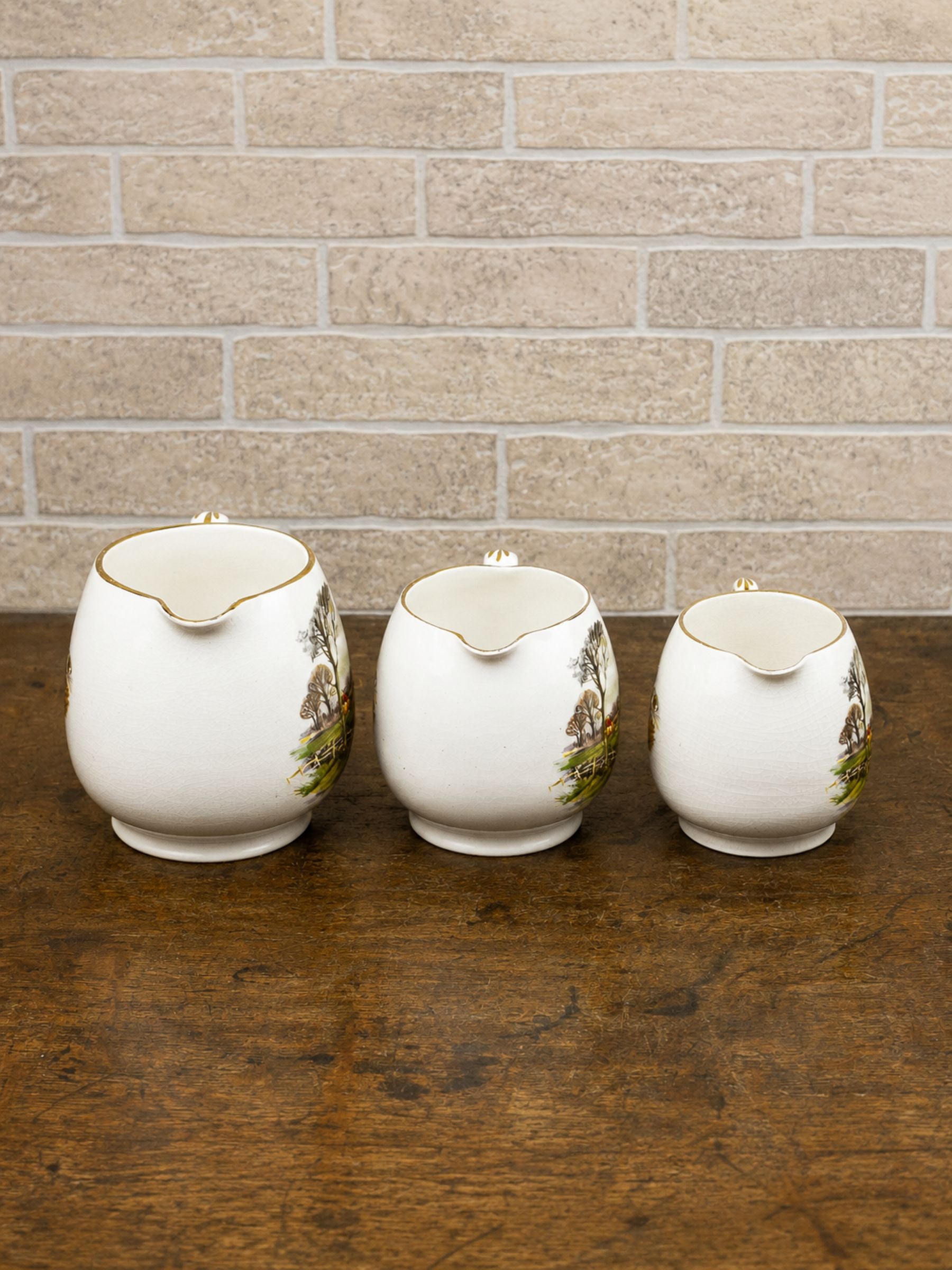 Vintage English Sadler Staffordshire Pottery Hunt Scene Porcelain Graduating Jugs, Set of 3
