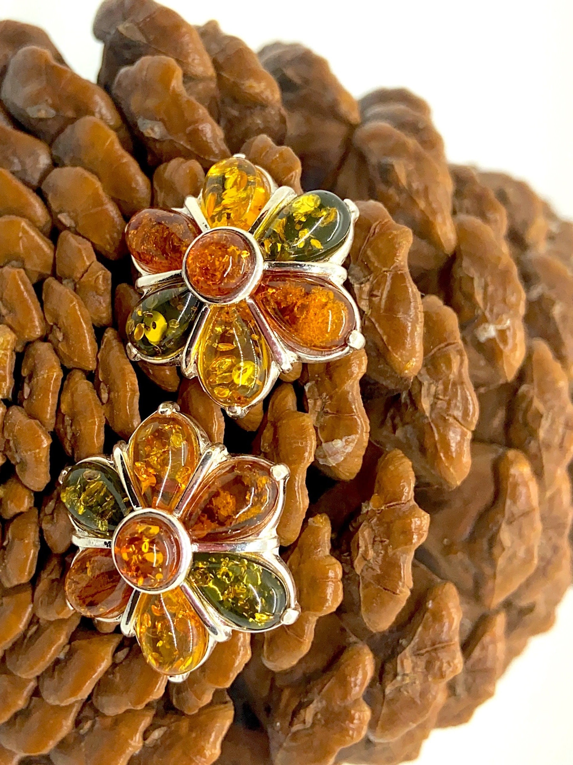 Vintage Baltic Multi-Color Amber & Sterling Silver Flower Earrings – New Old Stock