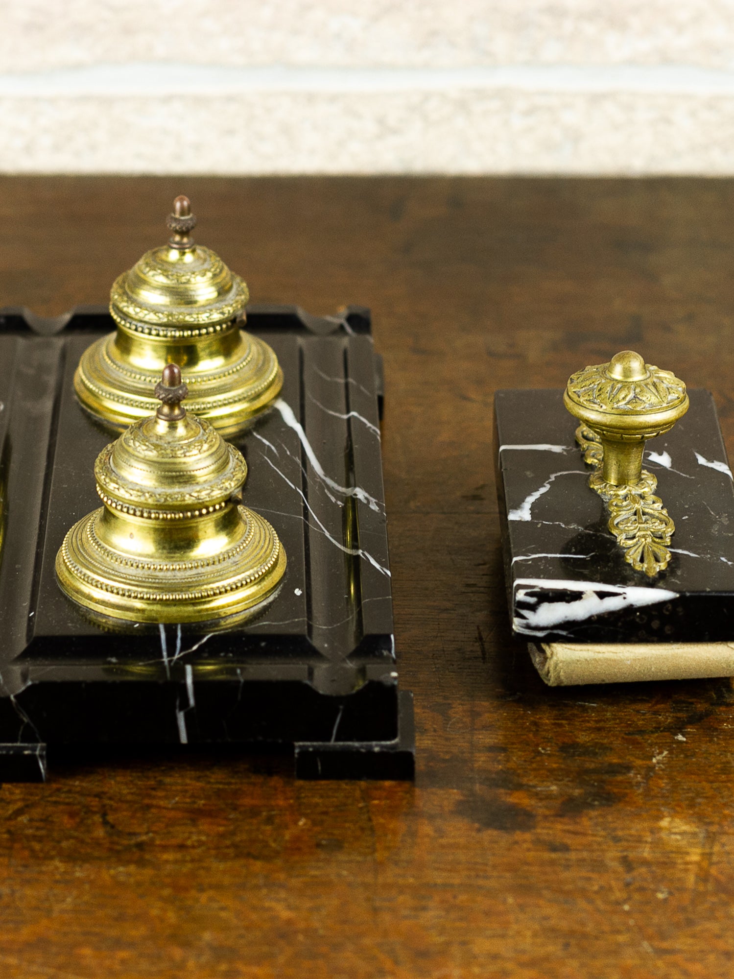 French Black Marble & Gilt Bronze Double Inkwell Desk Set
