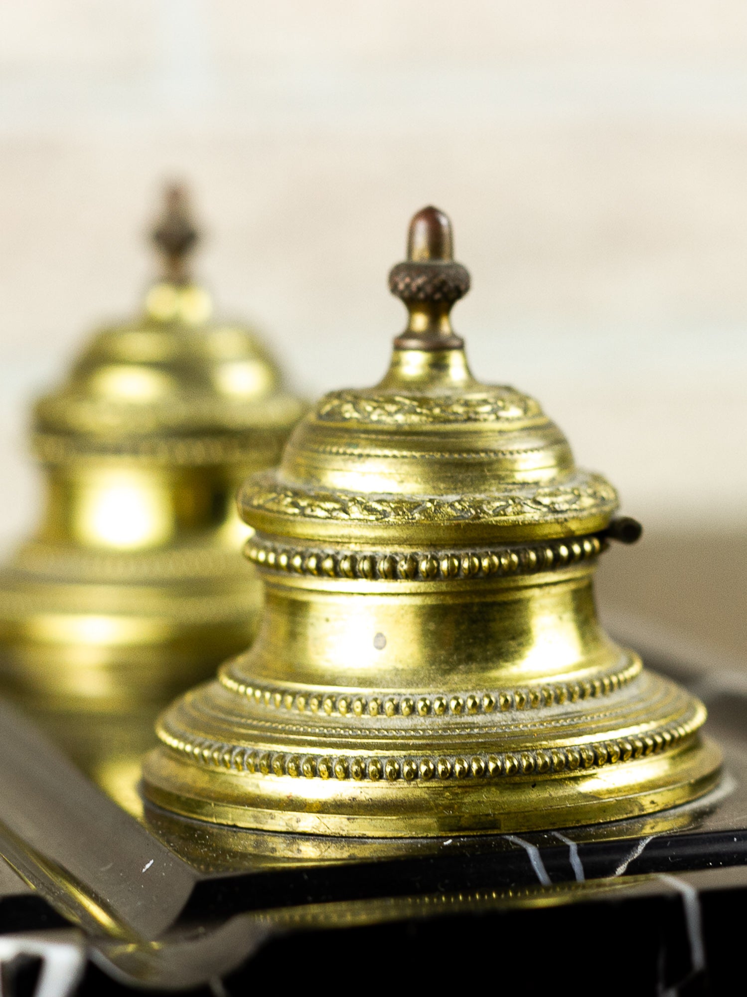 French Black Marble & Gilt Bronze Double Inkwell Desk Set