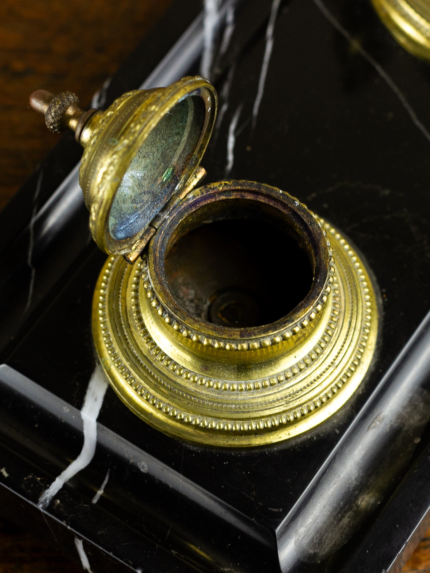 French Black Marble & Gilt Bronze Double Inkwell Desk Set