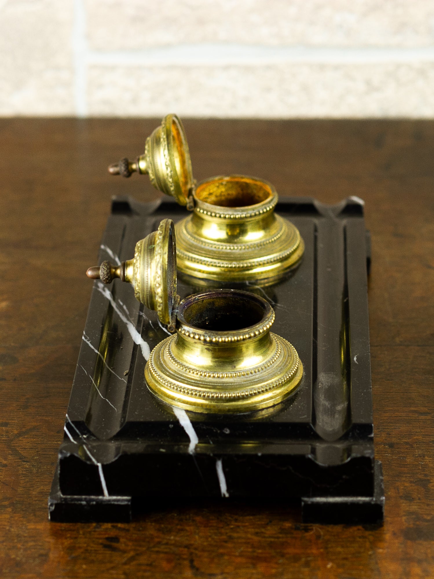 French Black Marble & Gilt Bronze Double Inkwell Desk Set