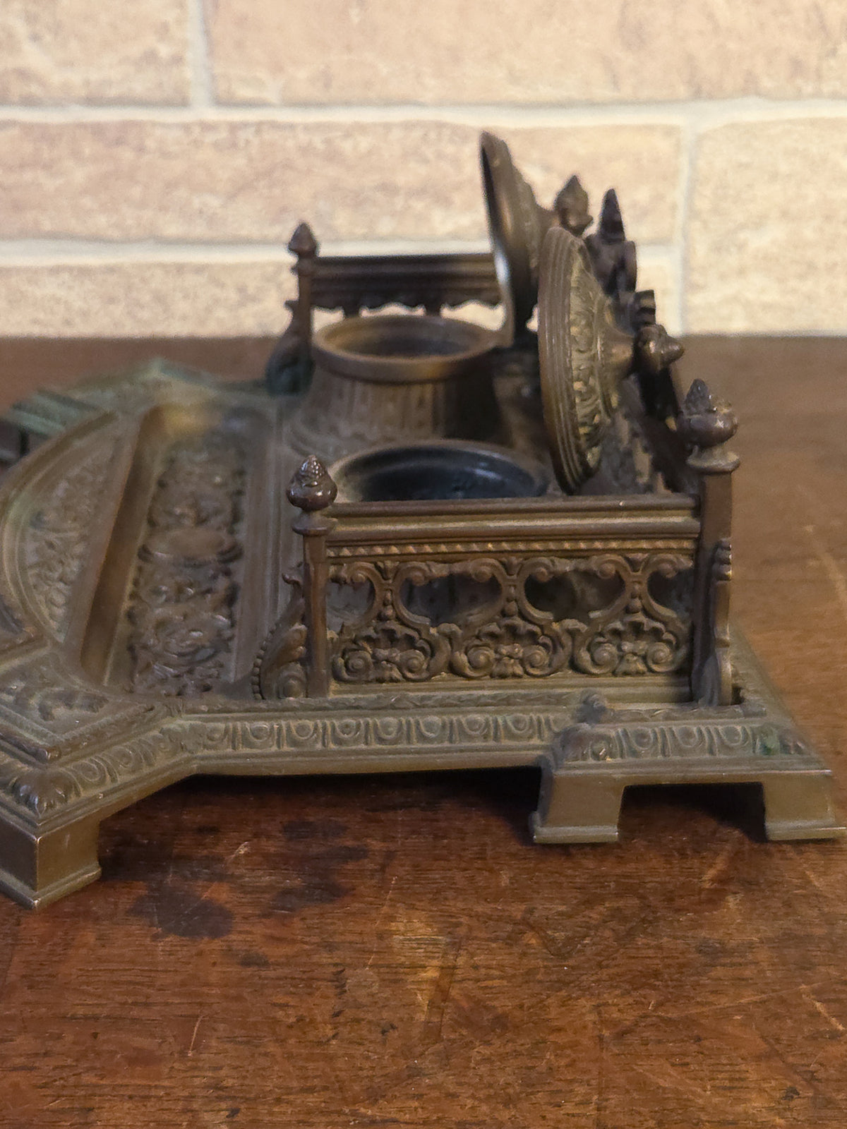 19th Century Cast Brass Double Inkwell with Pen Tray