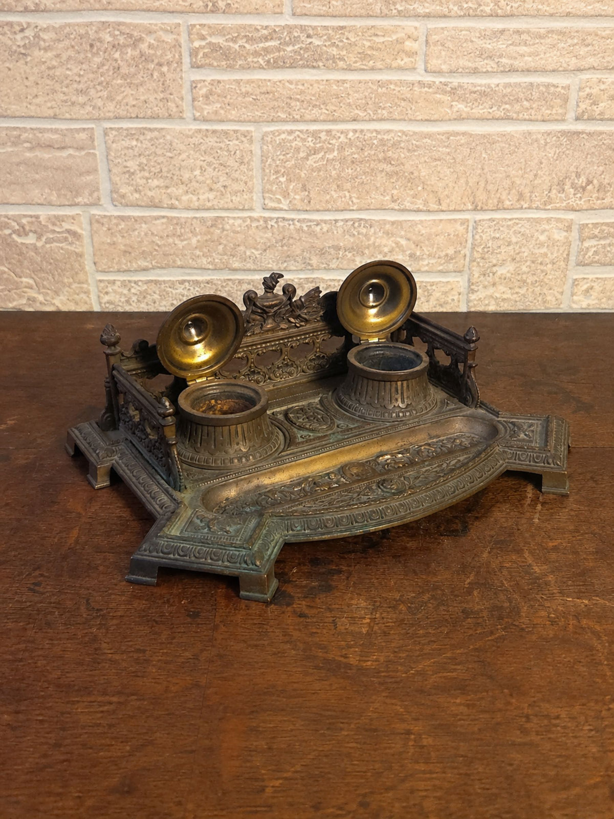 19th Century Cast Brass Double Inkwell with Pen Tray