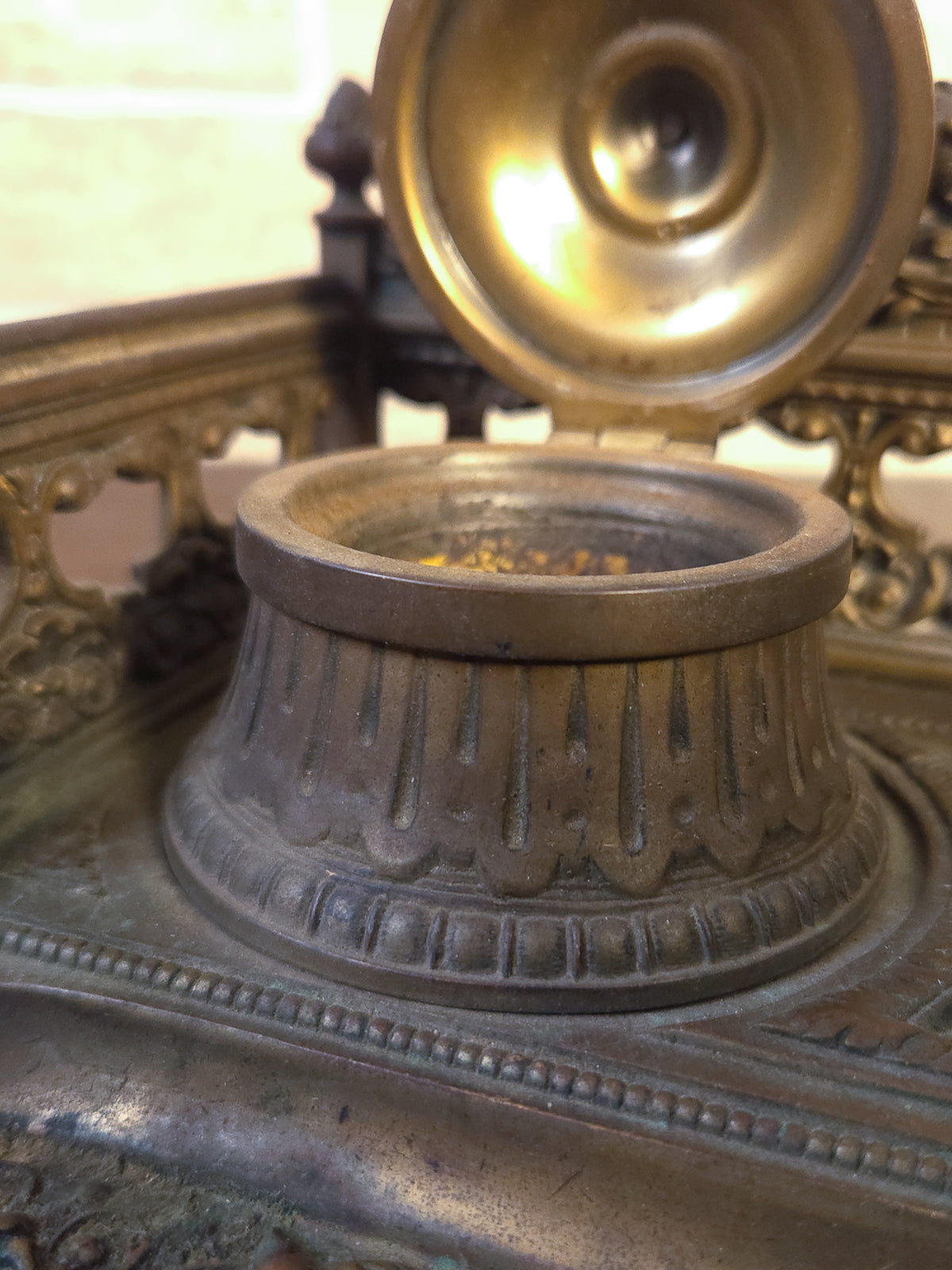 19th Century Cast Brass Double Inkwell with Pen Tray