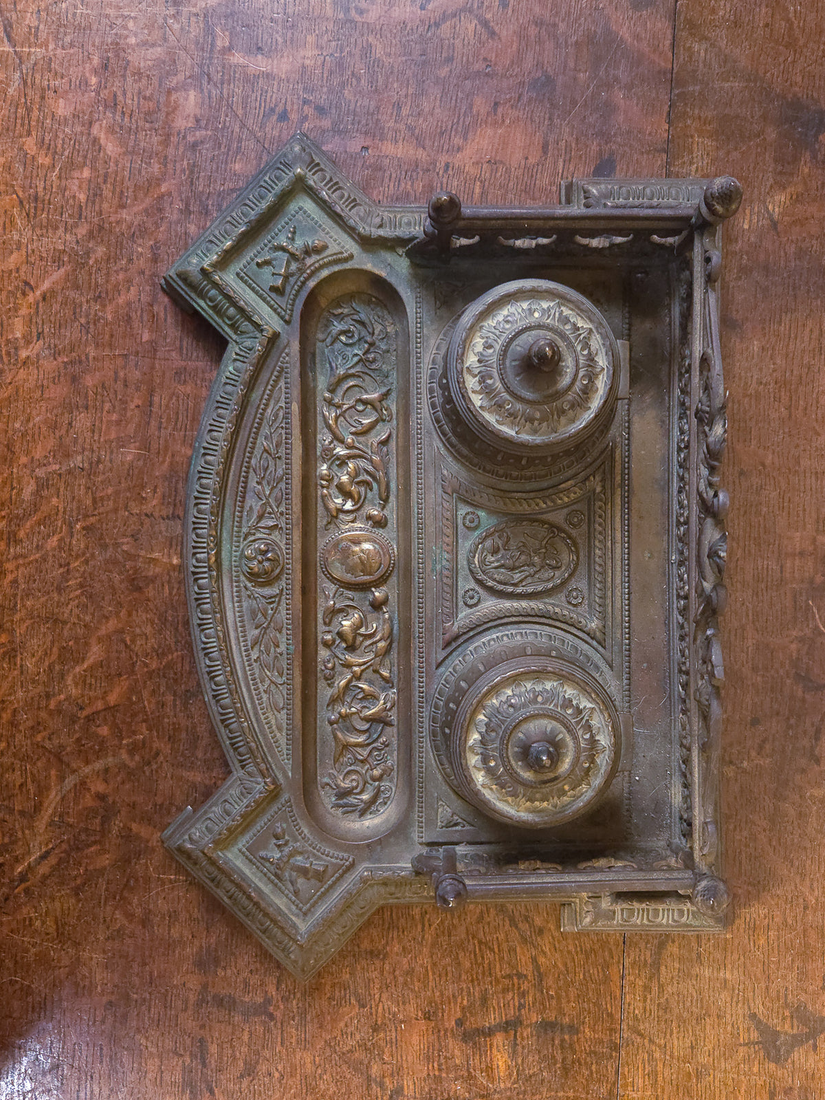 19th Century Cast Brass Double Inkwell with Pen Tray