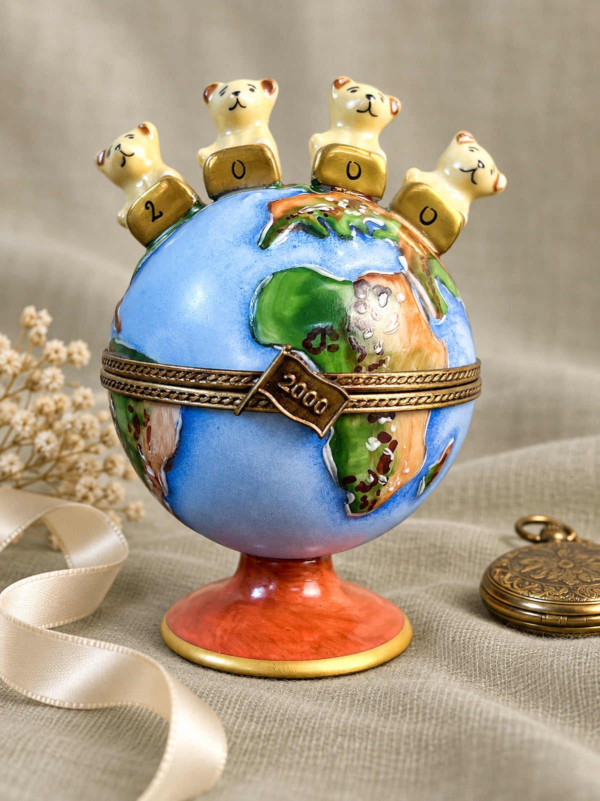 Gérard Ribierre Limoges Millennium Globe Trinket Box with Four Bears, 1999–2000