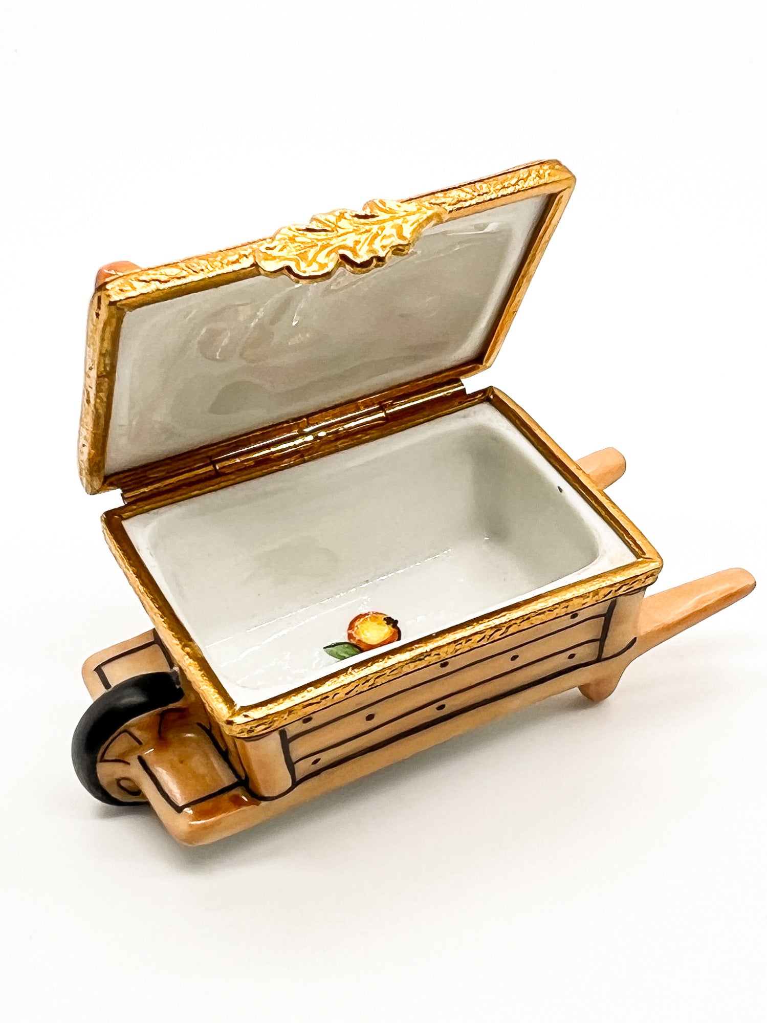Vintage Artoria Limoges France Hand Painted Apple Cart Wheelbarrow Trinket Box.