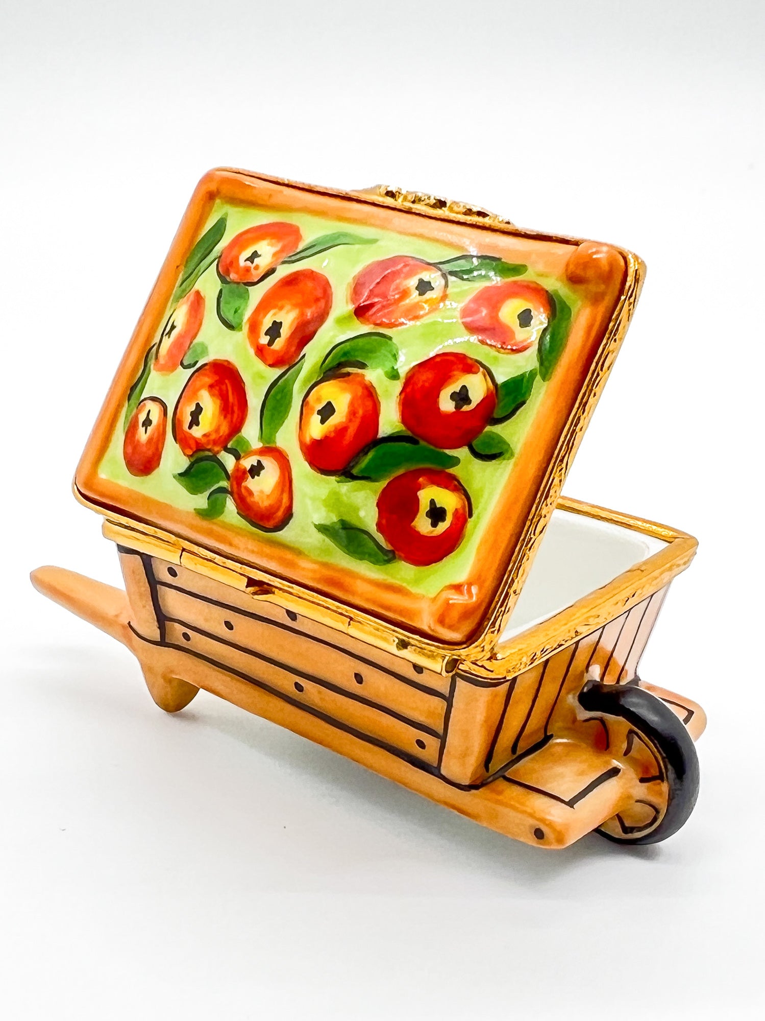 Vintage Artoria Limoges France Hand Painted Apple Cart Wheelbarrow Trinket Box.