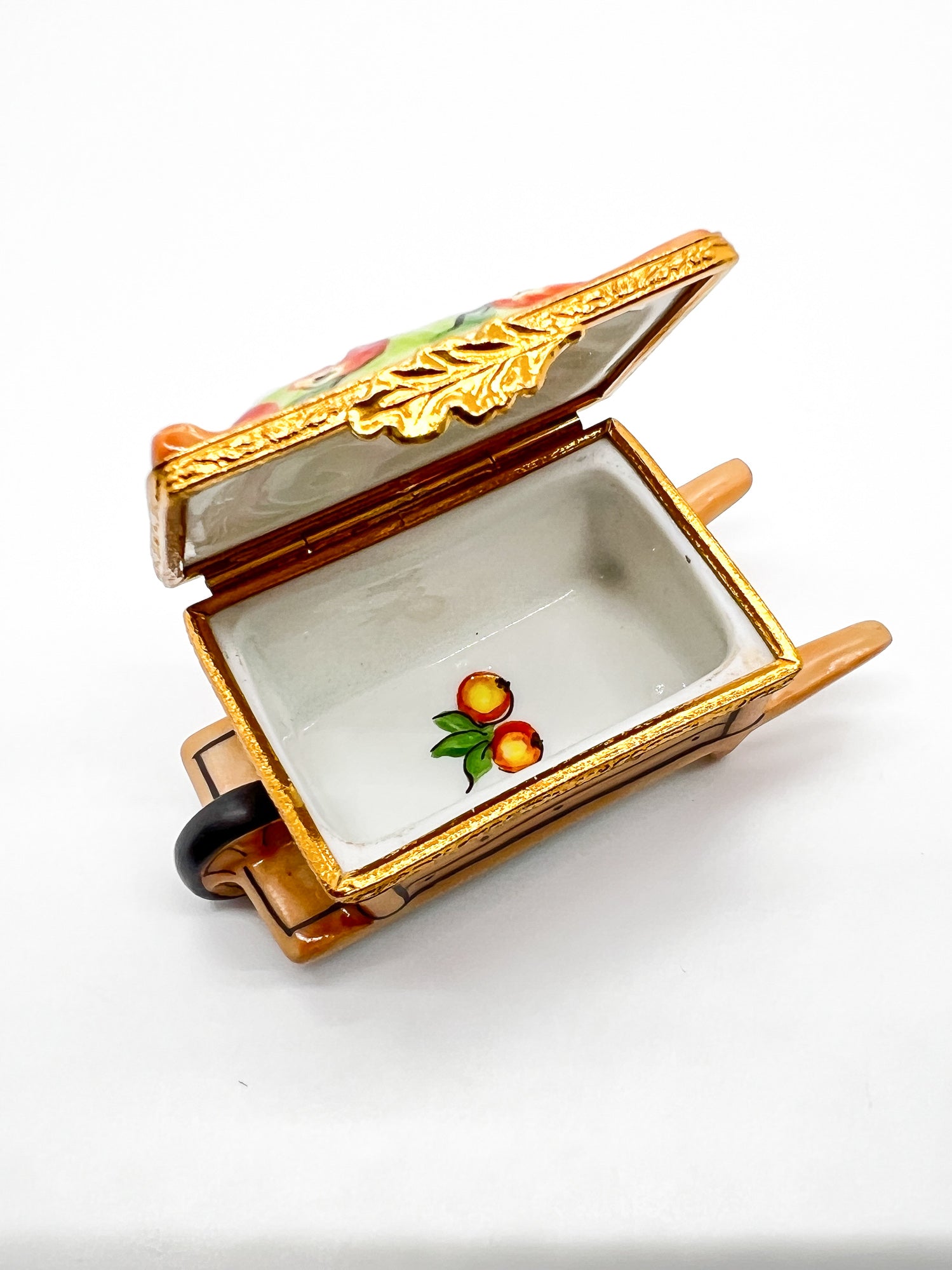 Vintage Artoria Limoges France Hand Painted Apple Cart Wheelbarrow Trinket Box.