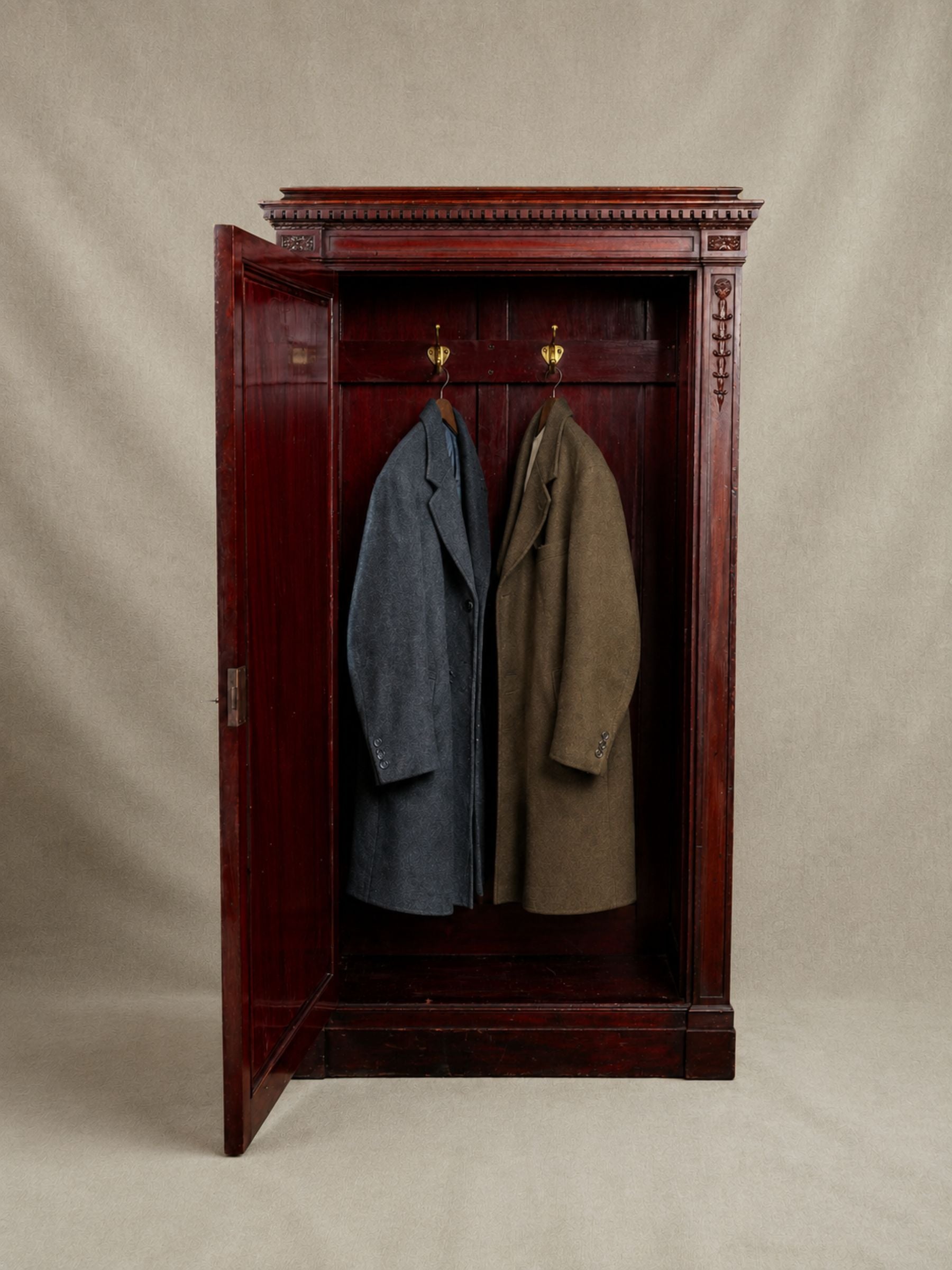 Antique Carved Mahogany Coat Closet Cupboard
