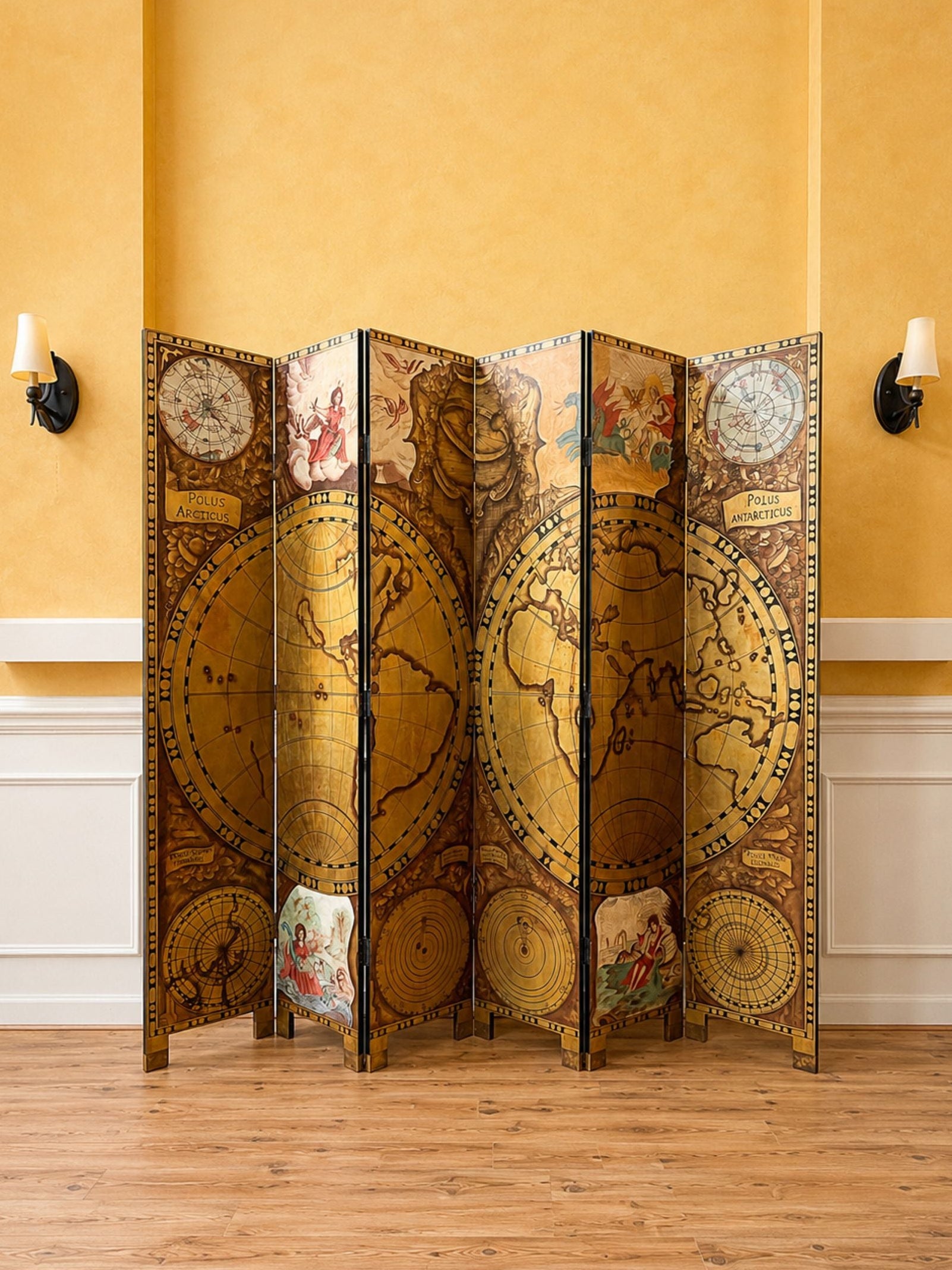 Monumental Mid 20th Century 6 Panel Room Divider, Screen, Hand Decorated Polus Arcticus, Antarcticus Atlas.