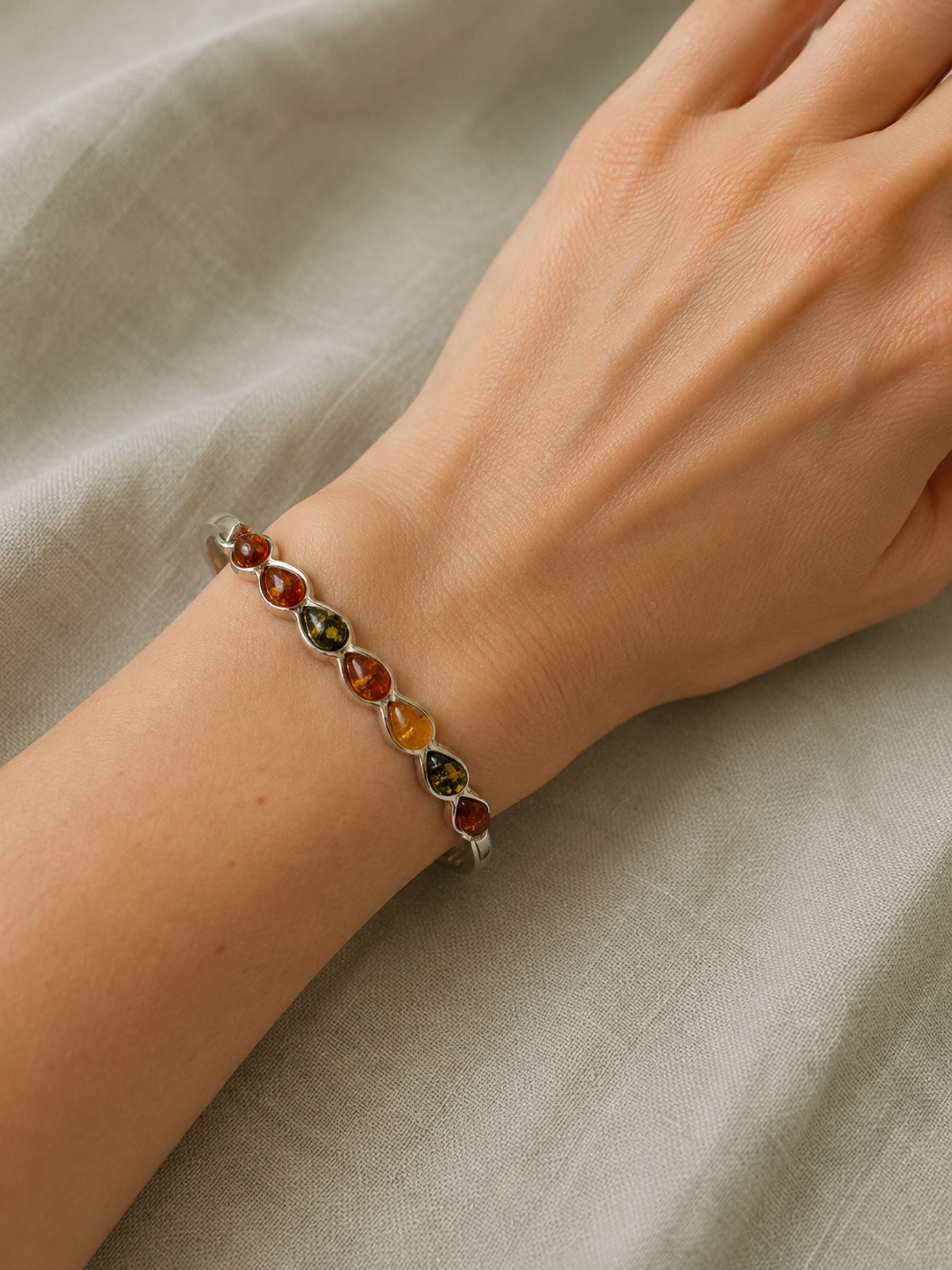 Vintage Multi-Color Baltic Amber Teardrop Bangle in Sterling Silver – New Old Stock