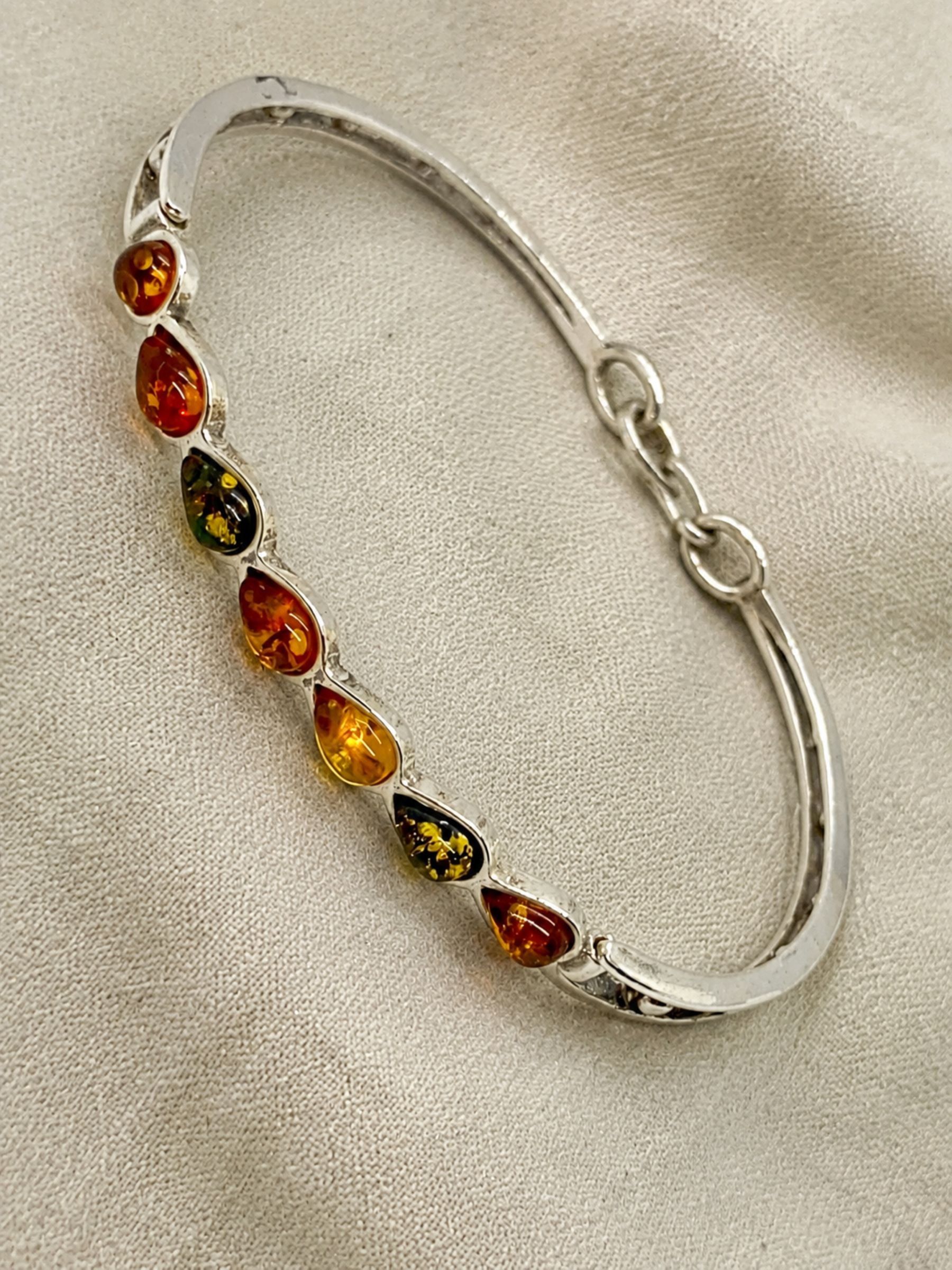 Vintage Multi-Color Baltic Amber Teardrop Bangle in Sterling Silver – New Old Stock
