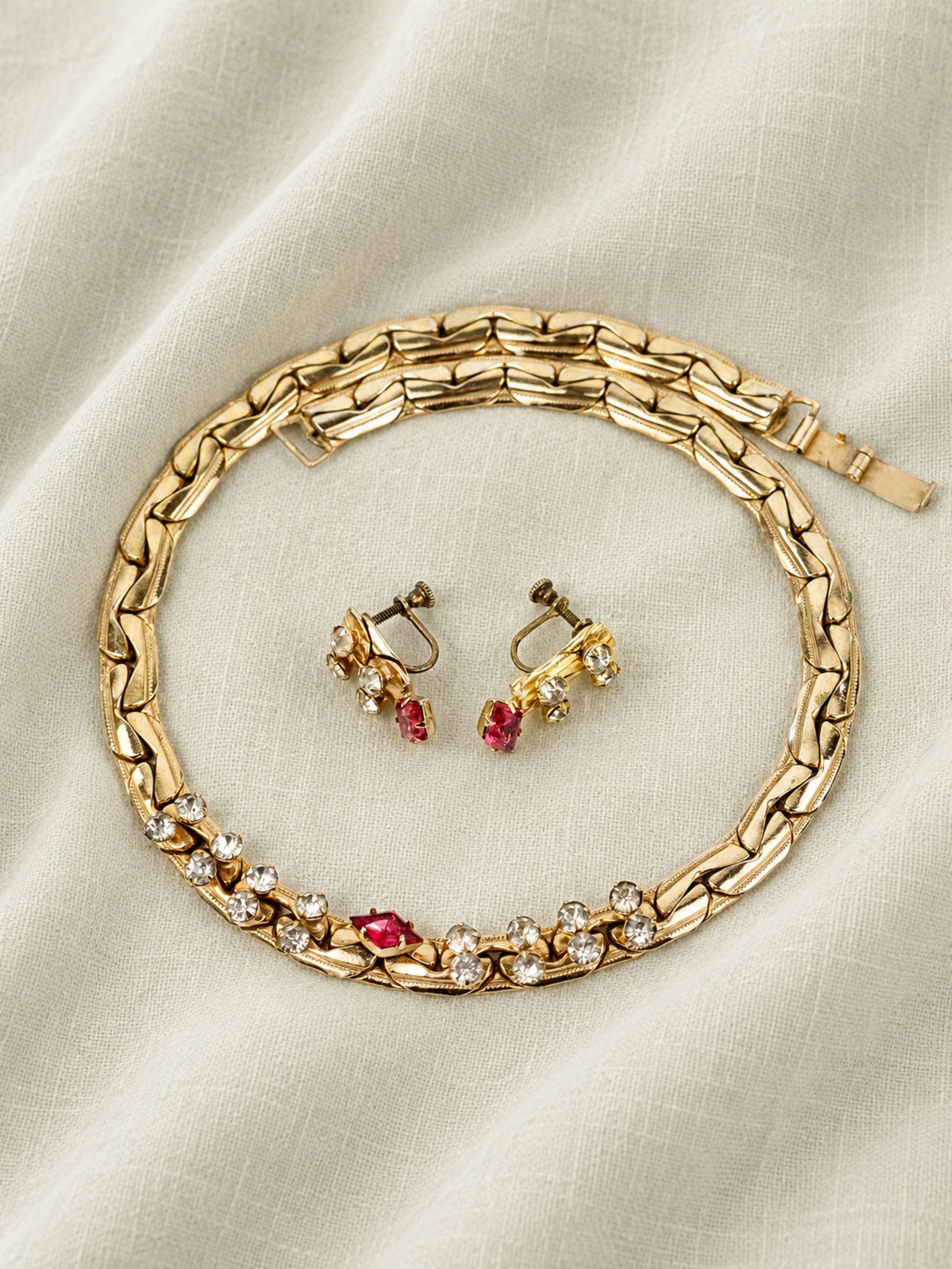 Vintage Sterling Silver & Gold Overlay Necklace and Earrings Set, Circa 1940