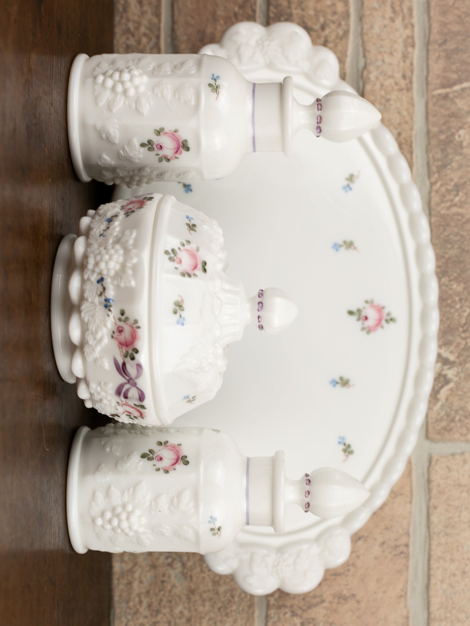 Westmoreland Hand-Painted Milk Glass Dresser Set, Circa 1950