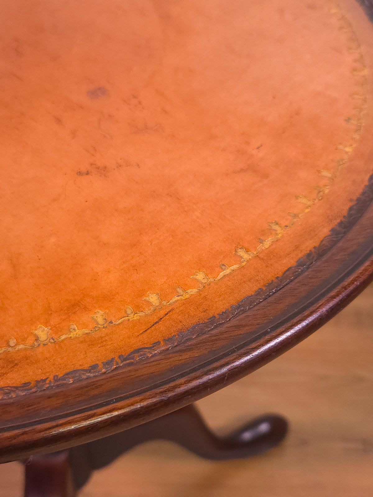 Vintage Baker Furniture Mahogany Pedestal Side Table with Leather Inset Top & Gold Tooling