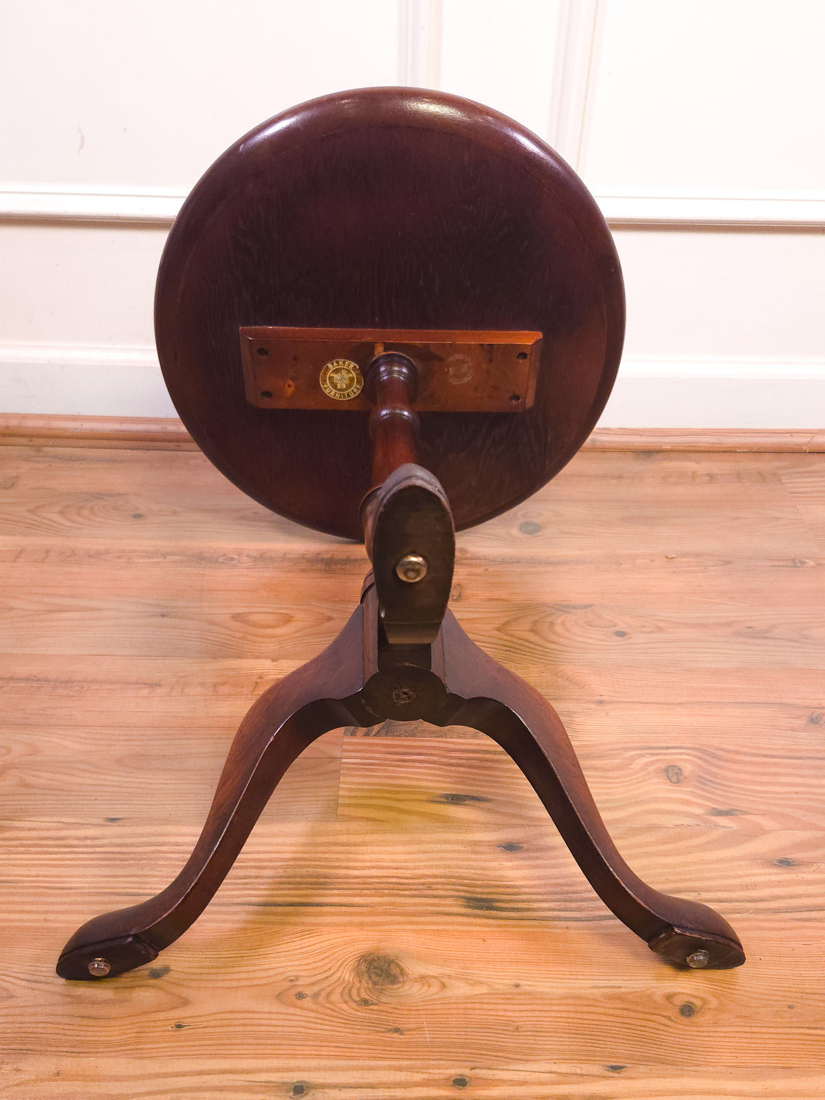 Vintage Baker Furniture Mahogany Pedestal Side Table with Leather Inset Top & Gold Tooling
