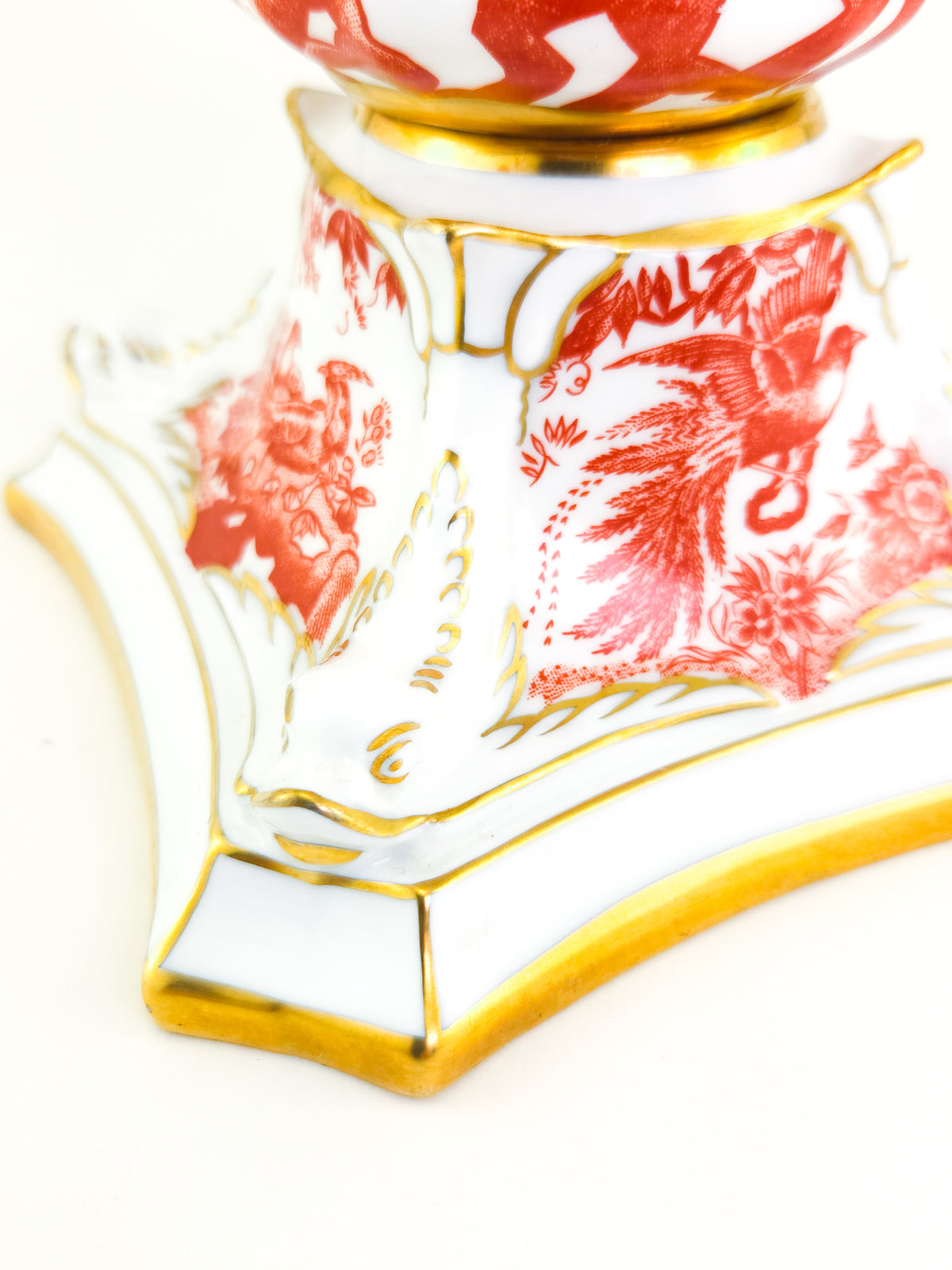1978 Royal Crown Derby Red Aves Porcelain Candlestick with Gilded Dolphins – Pattern A.74
