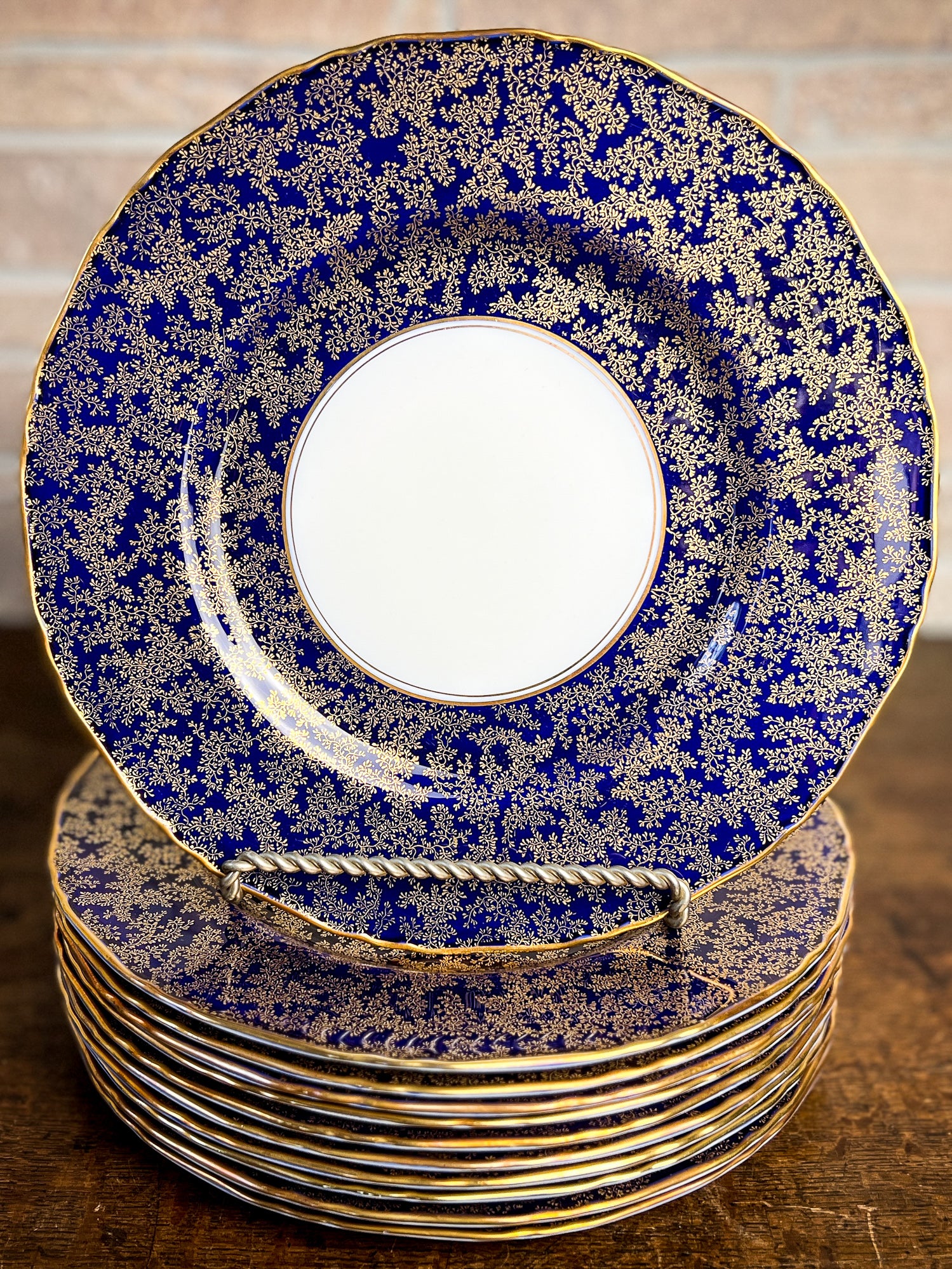 Set of 11 Royal Worcester Dinner Plates with Cobalt Blue & Gold Border, Circa 1939