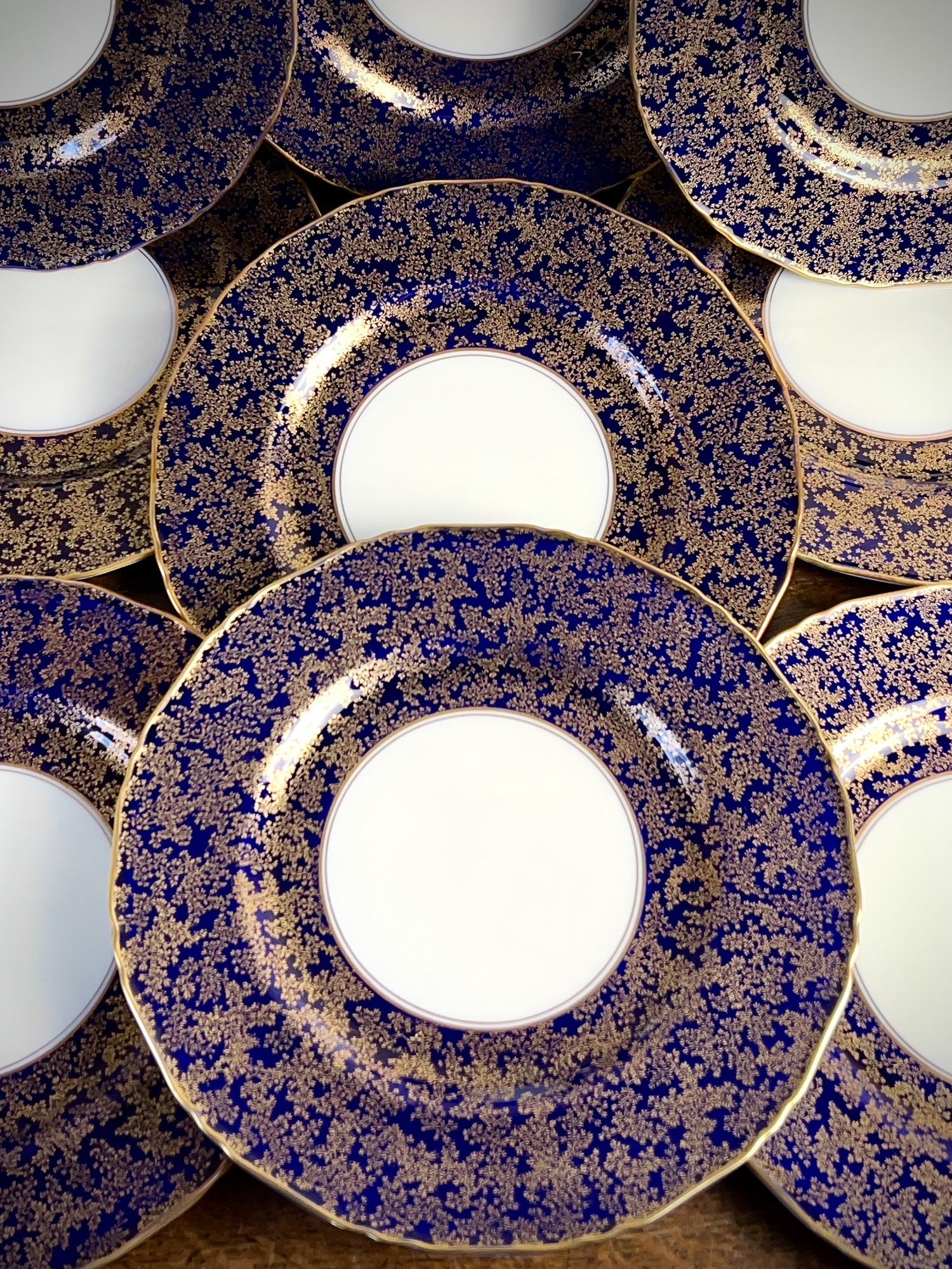 Set of 11 Royal Worcester Dinner Plates with Cobalt Blue & Gold Border, Circa 1939