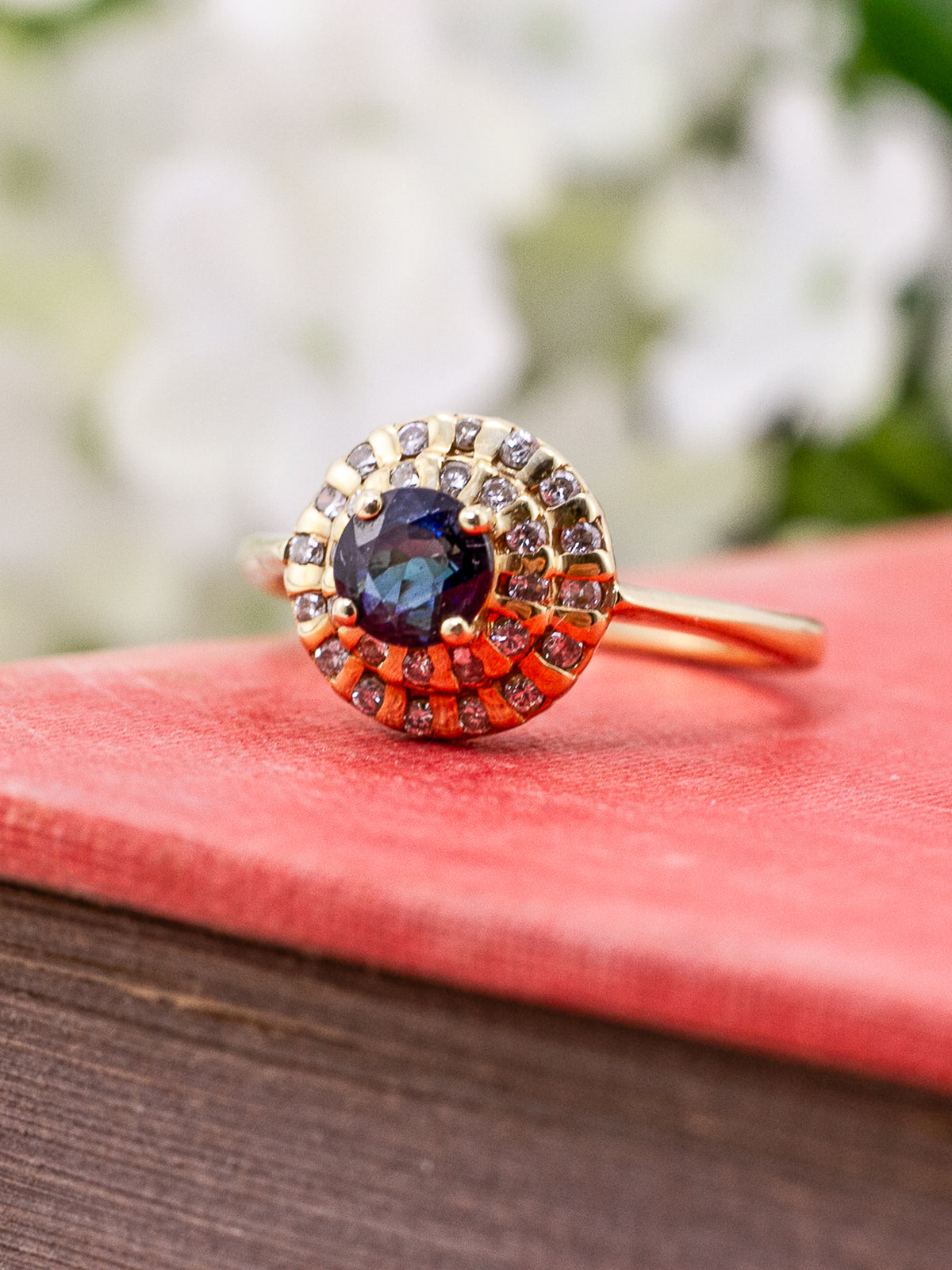 14K Yellow Gold Deep Blue Sapphire & Double Diamond Halo Cluster Ring – Size 6 1/4