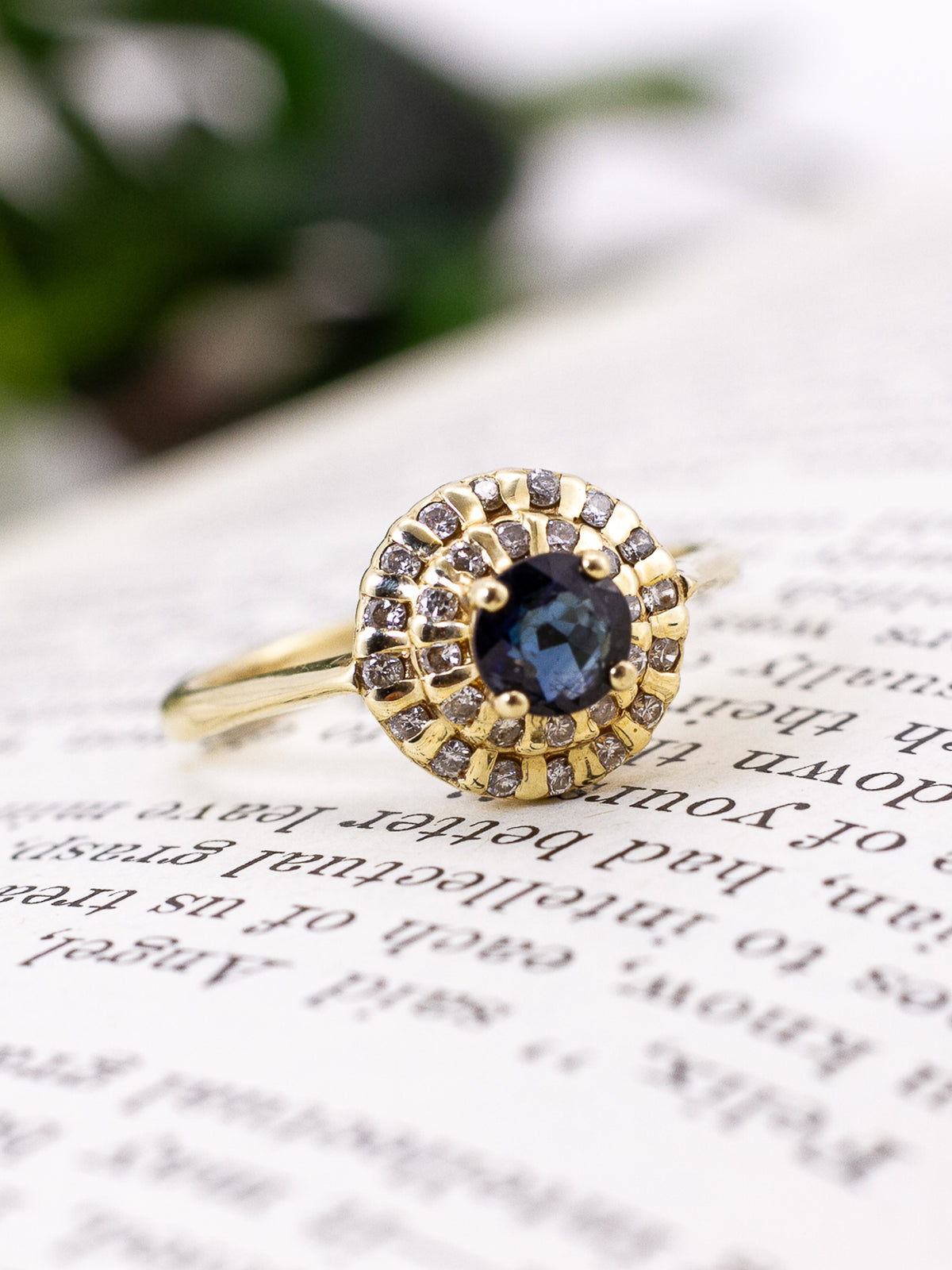 14K Yellow Gold Deep Blue Sapphire & Double Diamond Halo Cluster Ring – Size 6 1/4