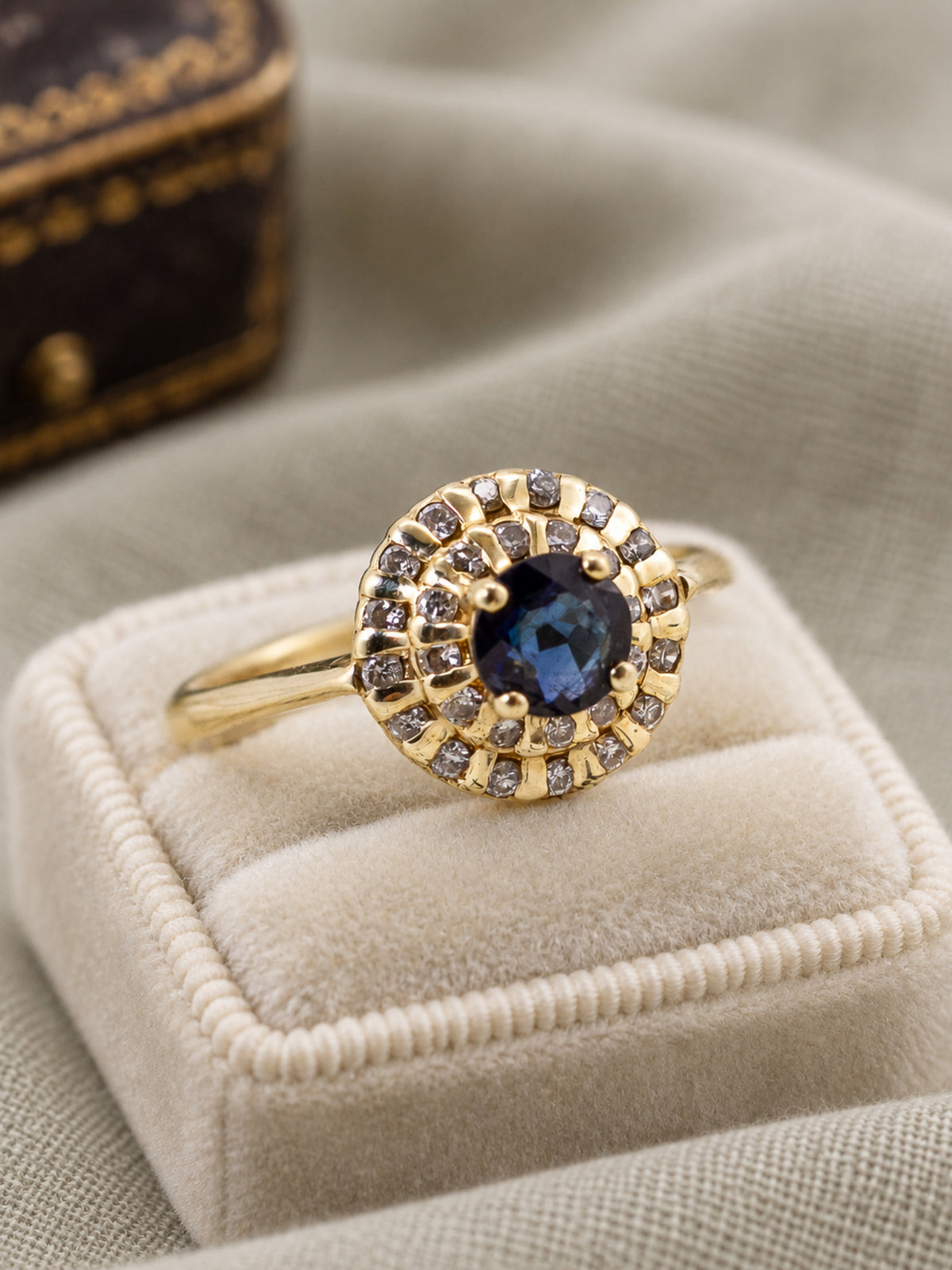 14K Yellow Gold Deep Blue Sapphire & Double Diamond Halo Cluster Ring – Size 6 1/4