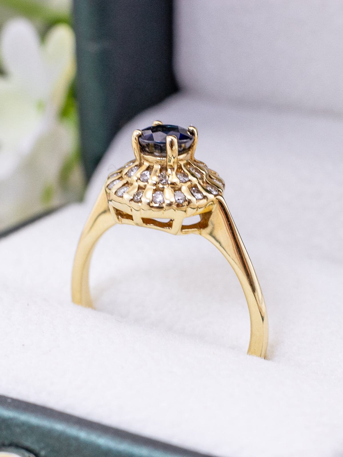 14K Yellow Gold Deep Blue Sapphire & Double Diamond Halo Cluster Ring – Size 6 1/4