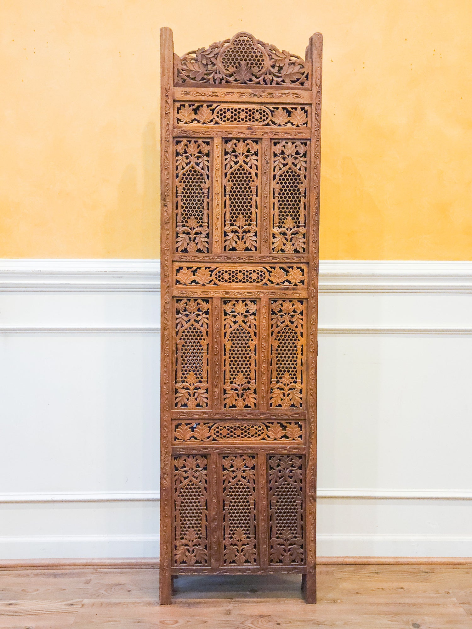 Vintage Hand Carved Teak 4 Panel Room Divider Screen