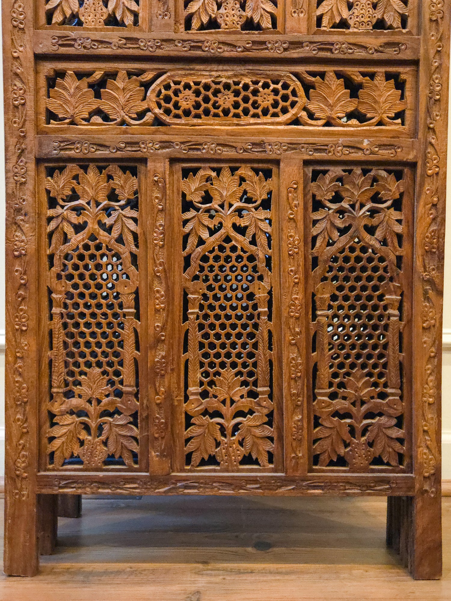 Vintage Hand Carved Teak 4 Panel Room Divider Screen