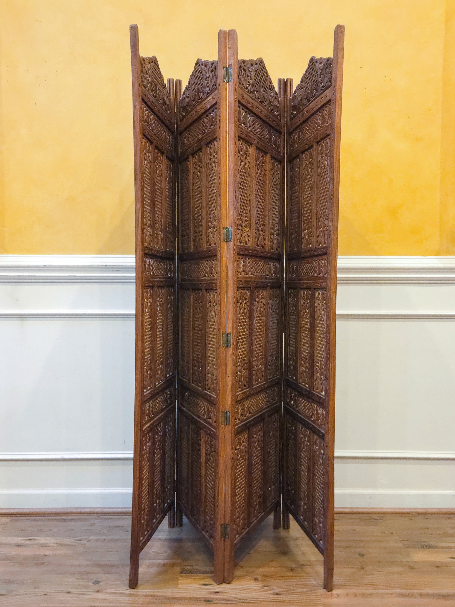 Vintage Hand Carved Teak 4 Panel Room Divider Screen