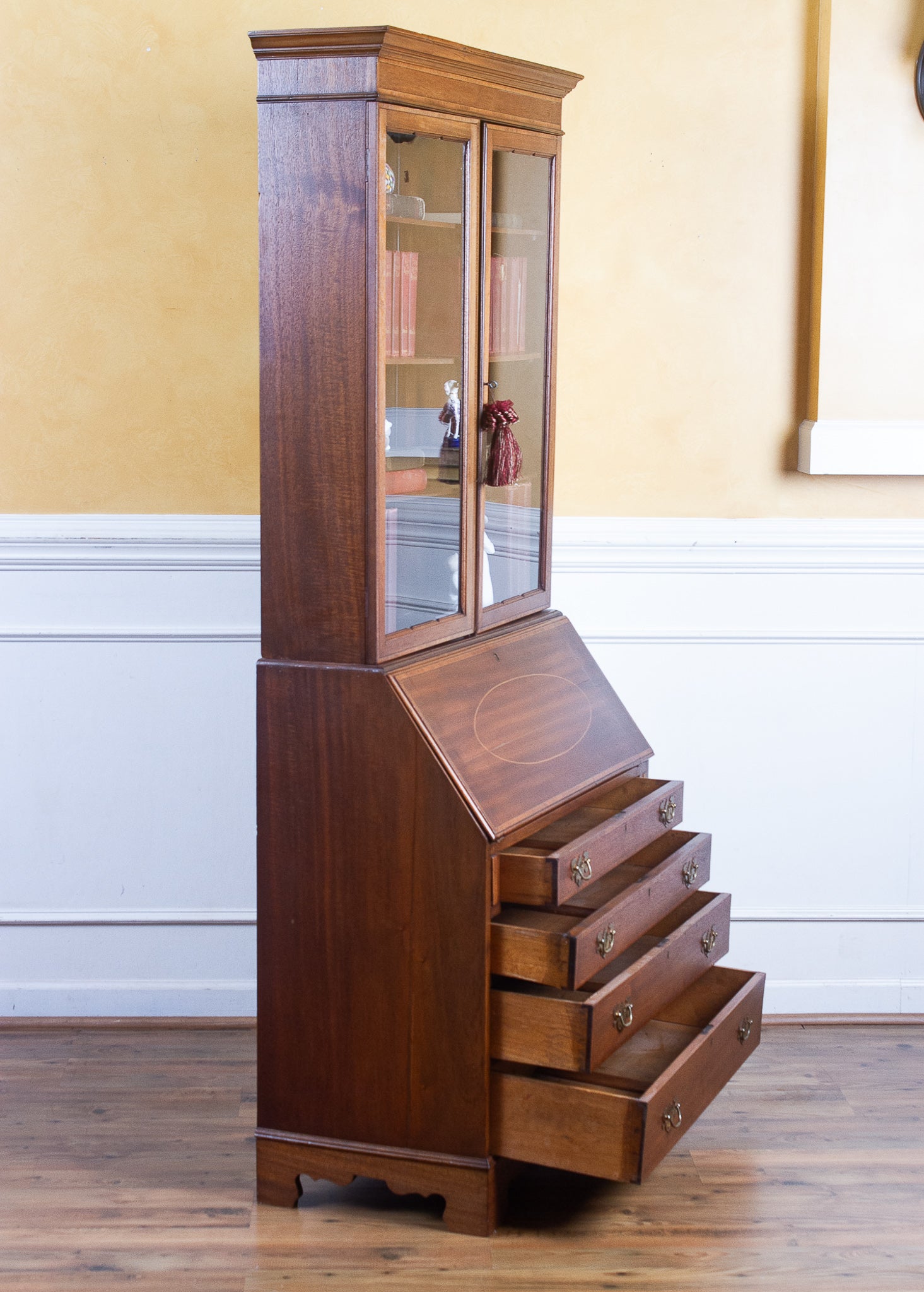 Edwardian Inlaid Mahogany Secretary Bookcase