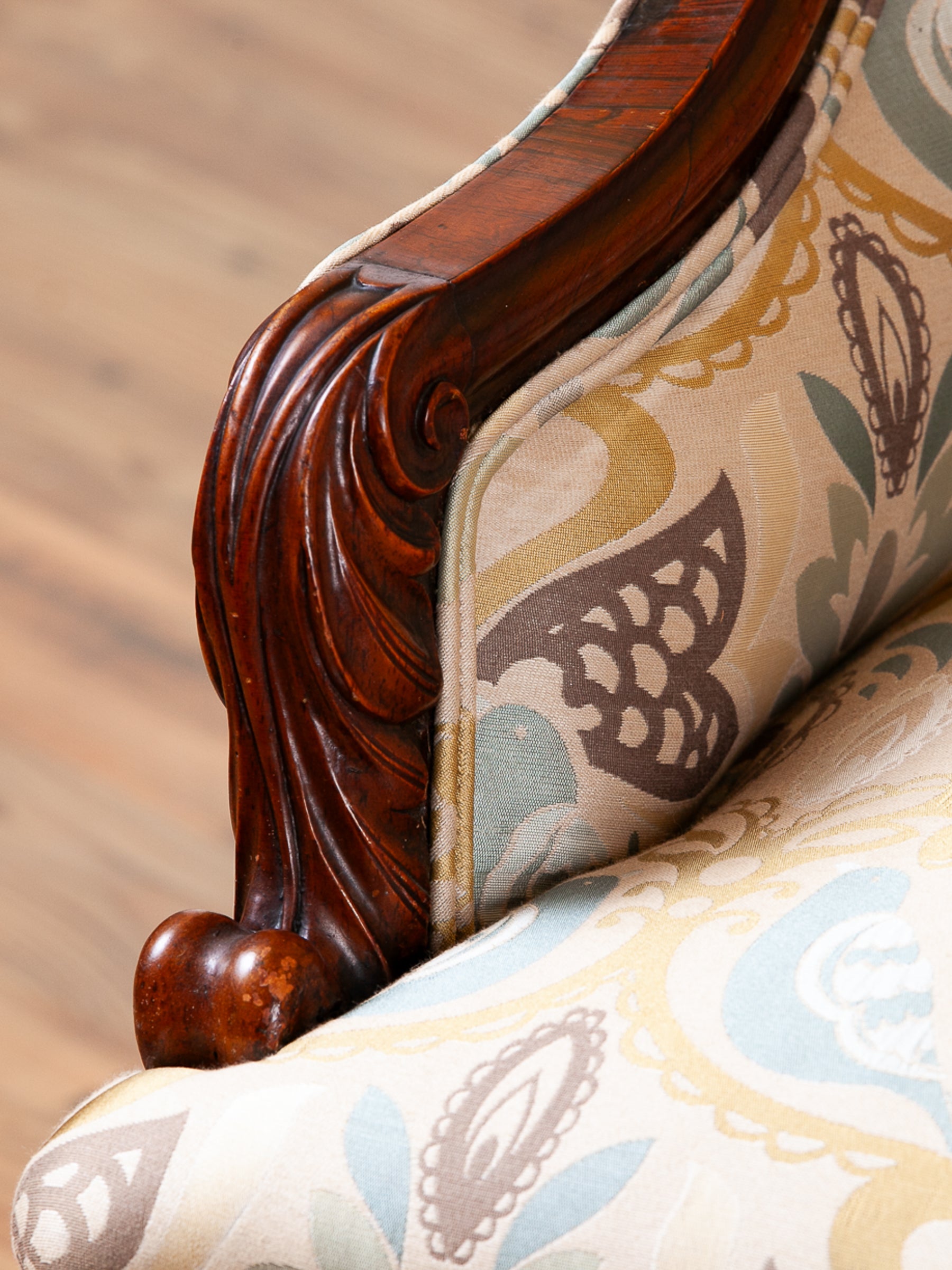 Victorian Rose-Carved Walnut Settee with New Upholstery