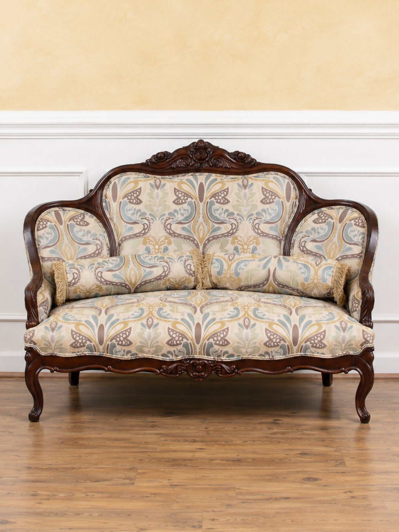 Victorian Rose-Carved Walnut Settee with New Upholstery