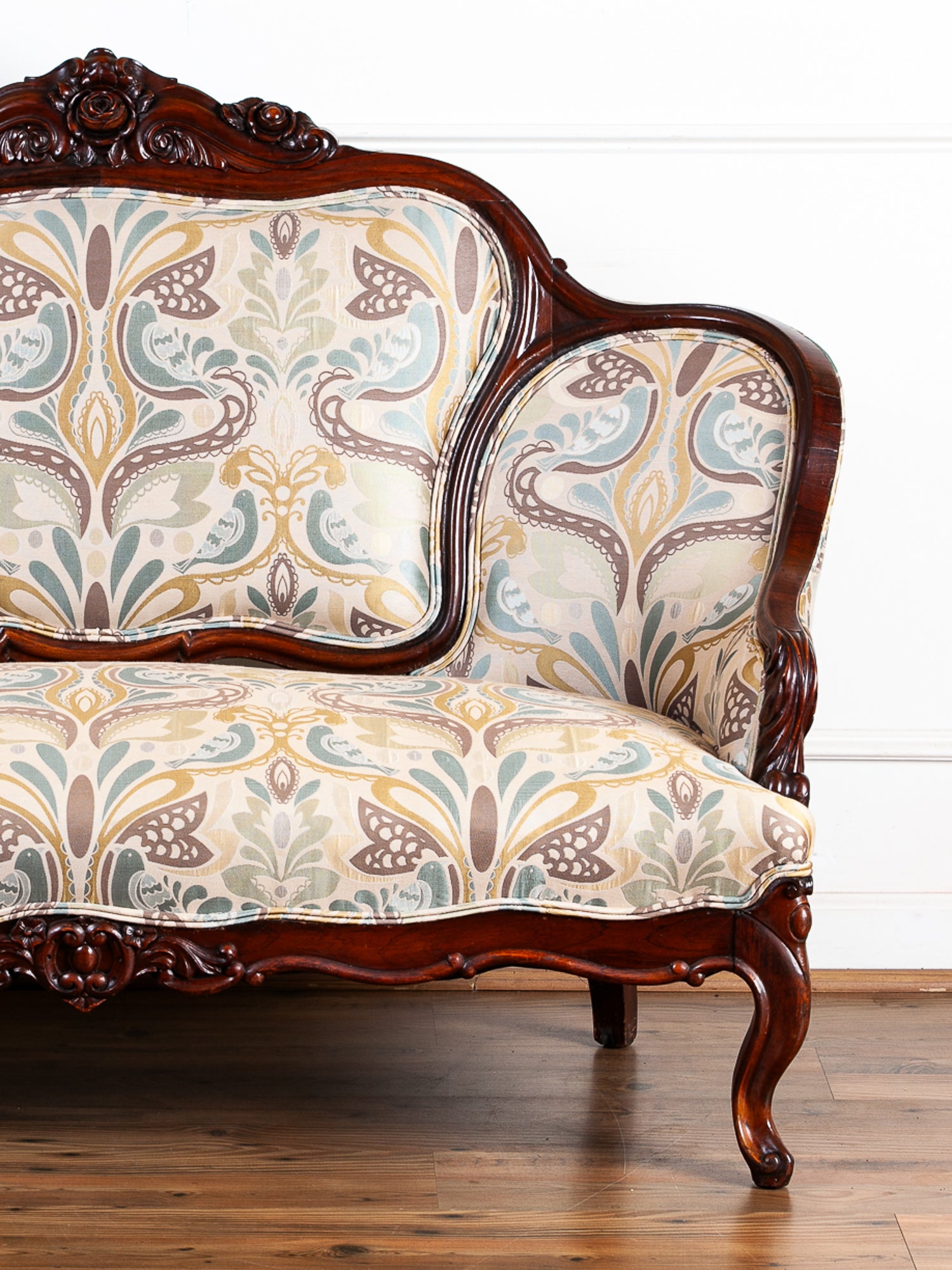 Victorian Rose-Carved Walnut Settee with New Upholstery