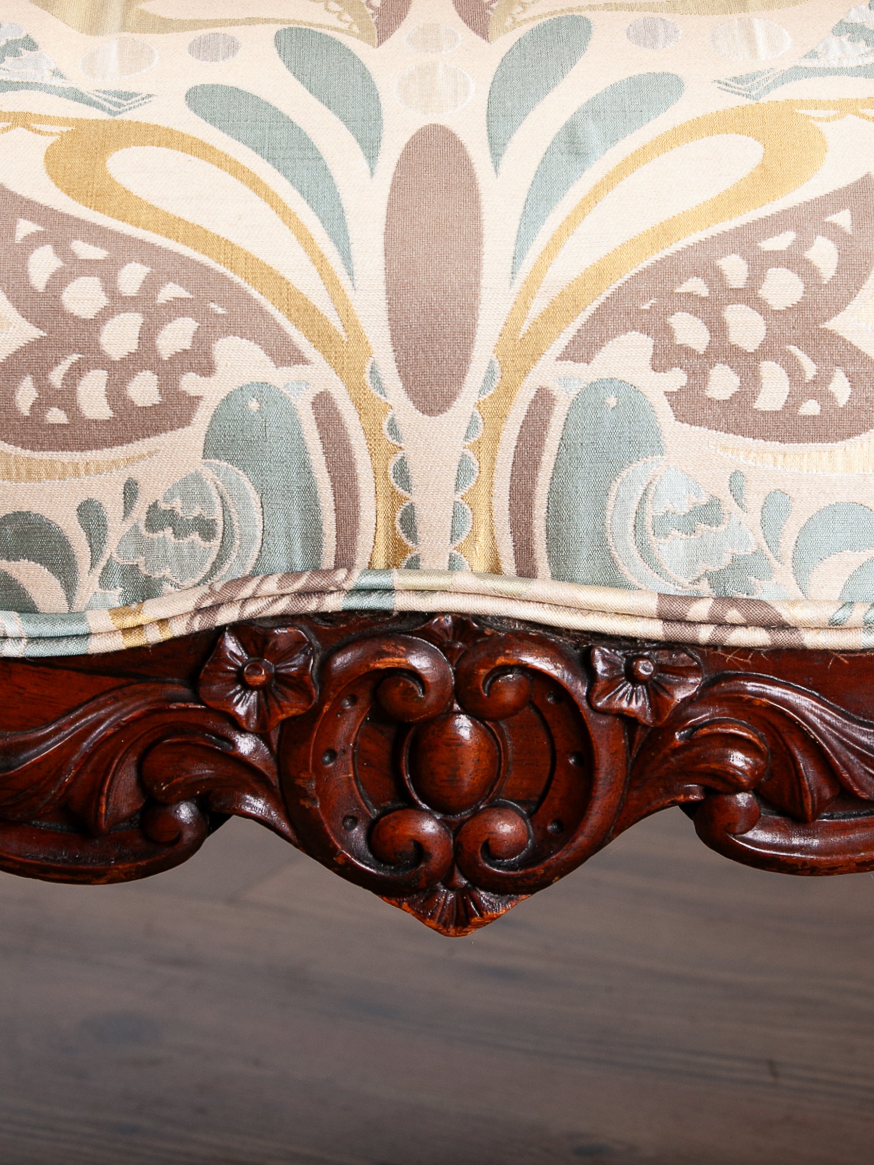 Victorian Rose-Carved Walnut Settee with New Upholstery