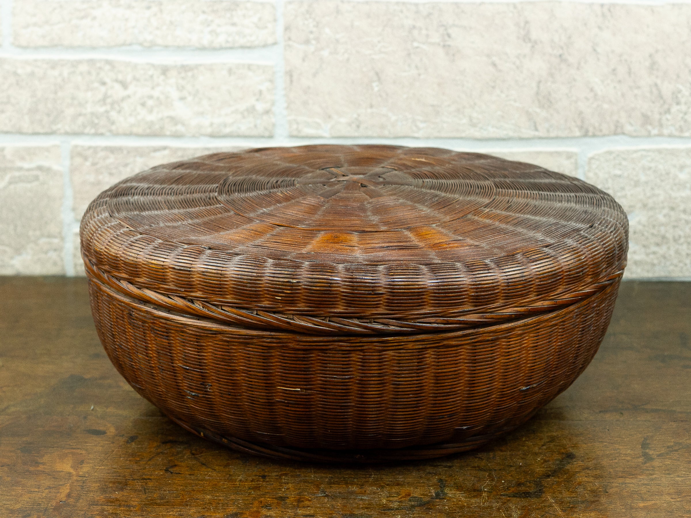 Large Asian Wicker Sewing Basket with Removable Lid