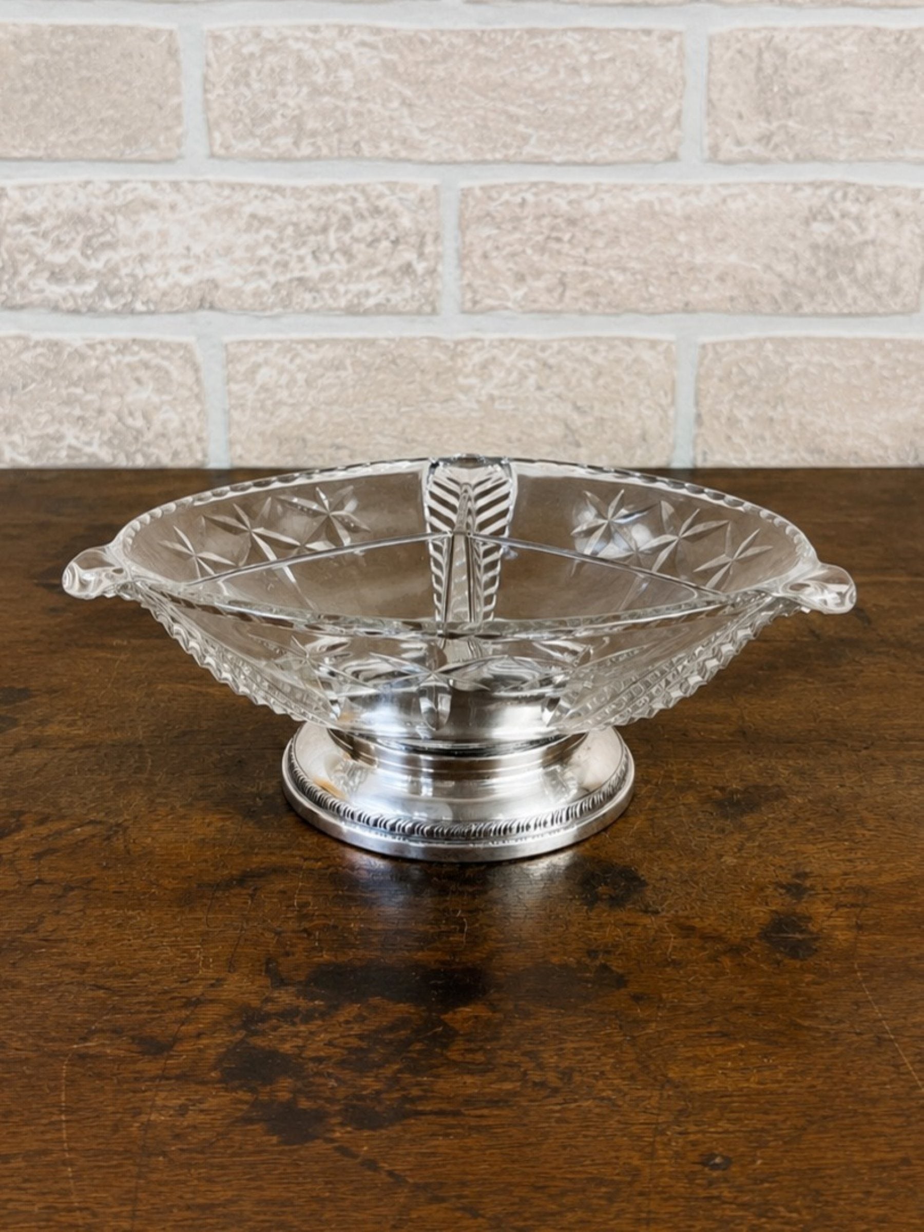 Pressed Crystal Divided Snack Dish with Sterling Silver Base